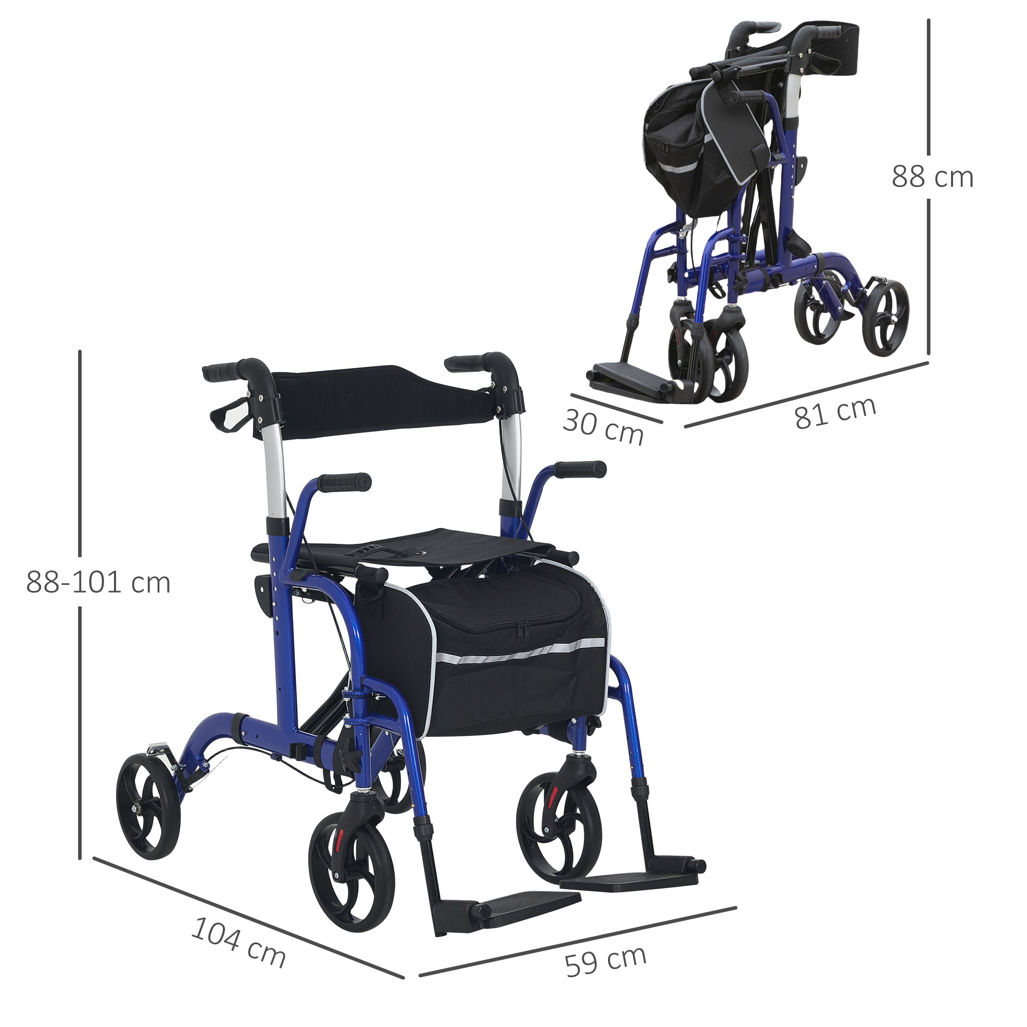 HOMCOM 2 in 1 Wheelchair Transport Chair & Folding Rollator Walker with Seat, Backrest, Footrest, Lightweight Walking Frame with Bag, Adjustable Height, 4 Wheeled Walker for Seniors, Pearl Blue - North Peak Garden Furniture