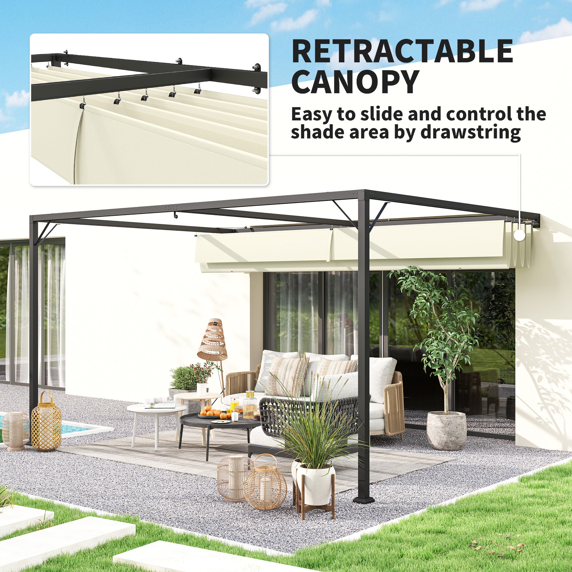 Outsunny 4 x 3(m) Outdoor Pergola Retractable Canopy Wall Mounted Gazebo Patio Shelter Sun Shade, Cream White - North Peak Garden Furniture