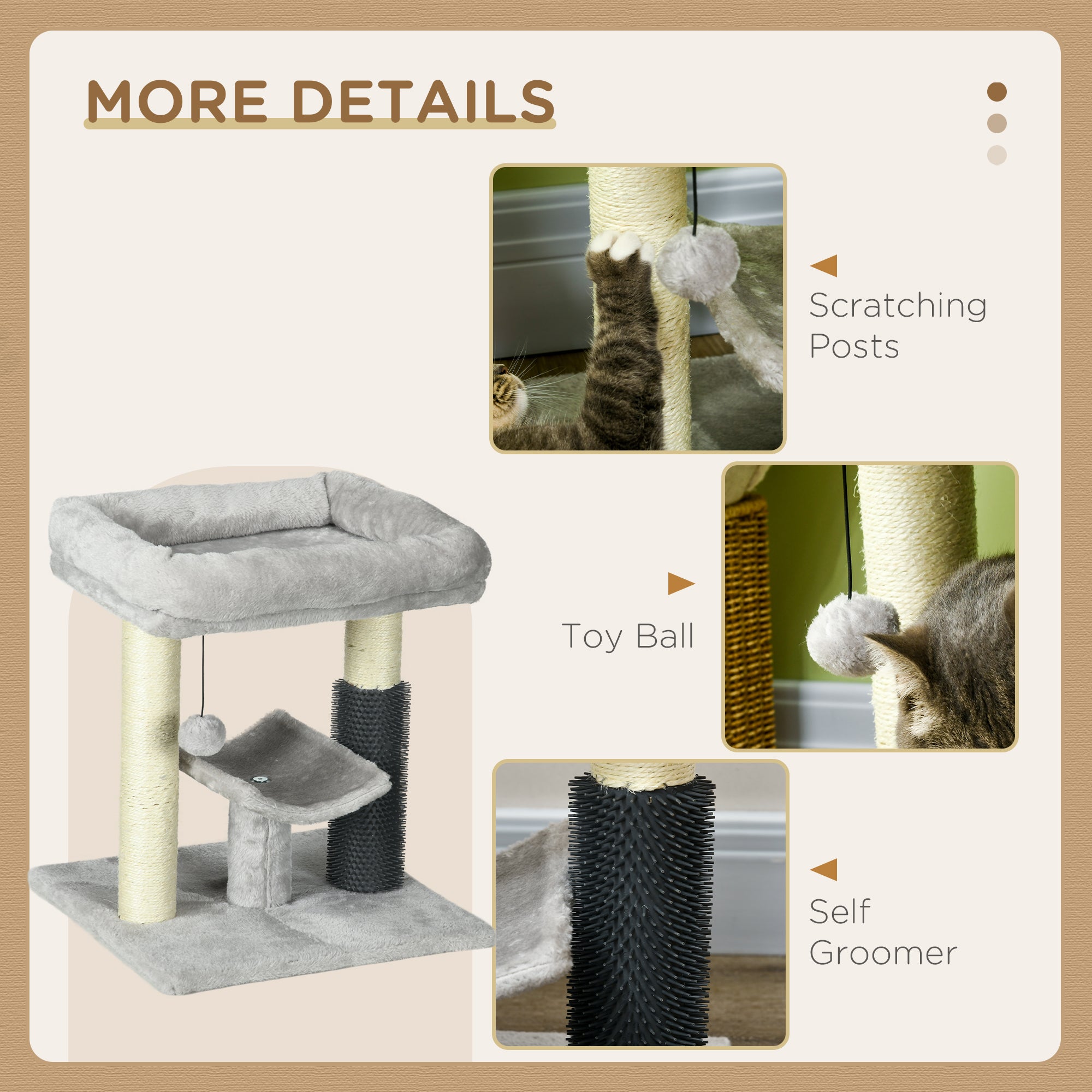 PawHut 48cm Cat Tree with Scratching Posts, Bed, Perch, Self Groomer, Toy - Grey