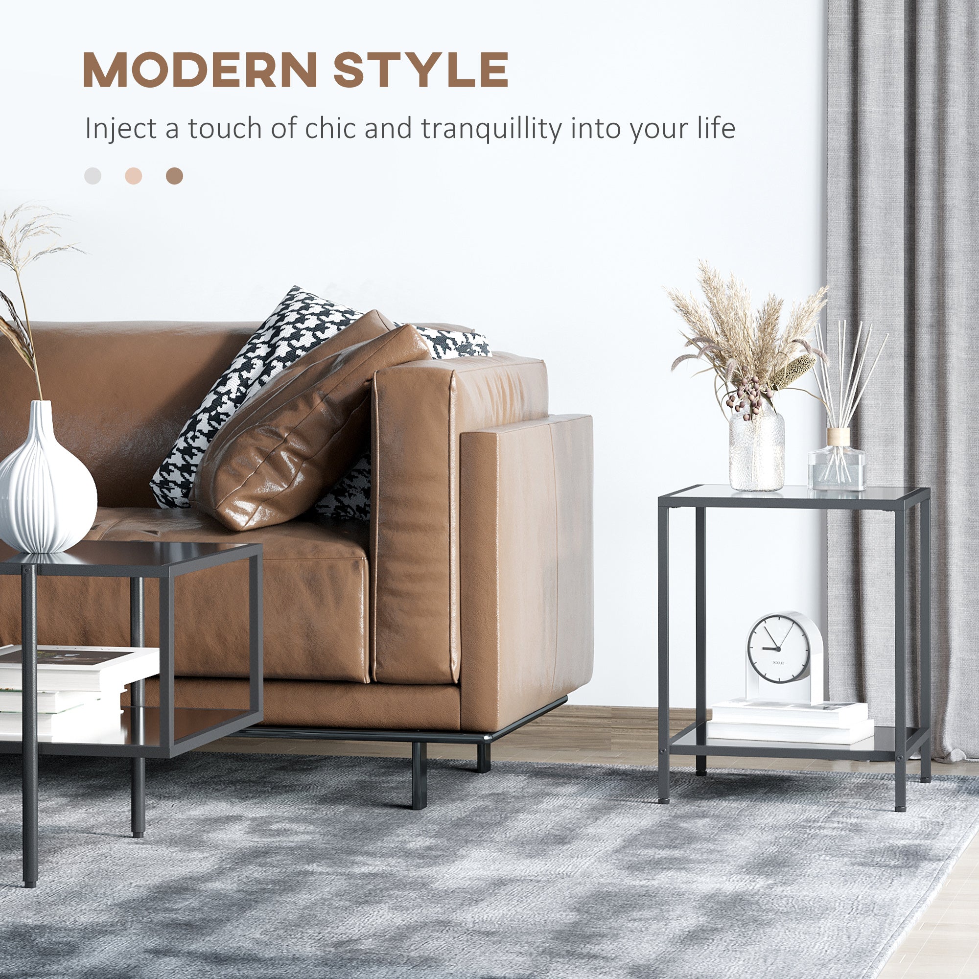 HOMCOM Side Table with Tempered Glass Top, End Table with 2-Tier Storage, Classic Accent Table with Steel Frame, Black - North Peak Garden Furniture
