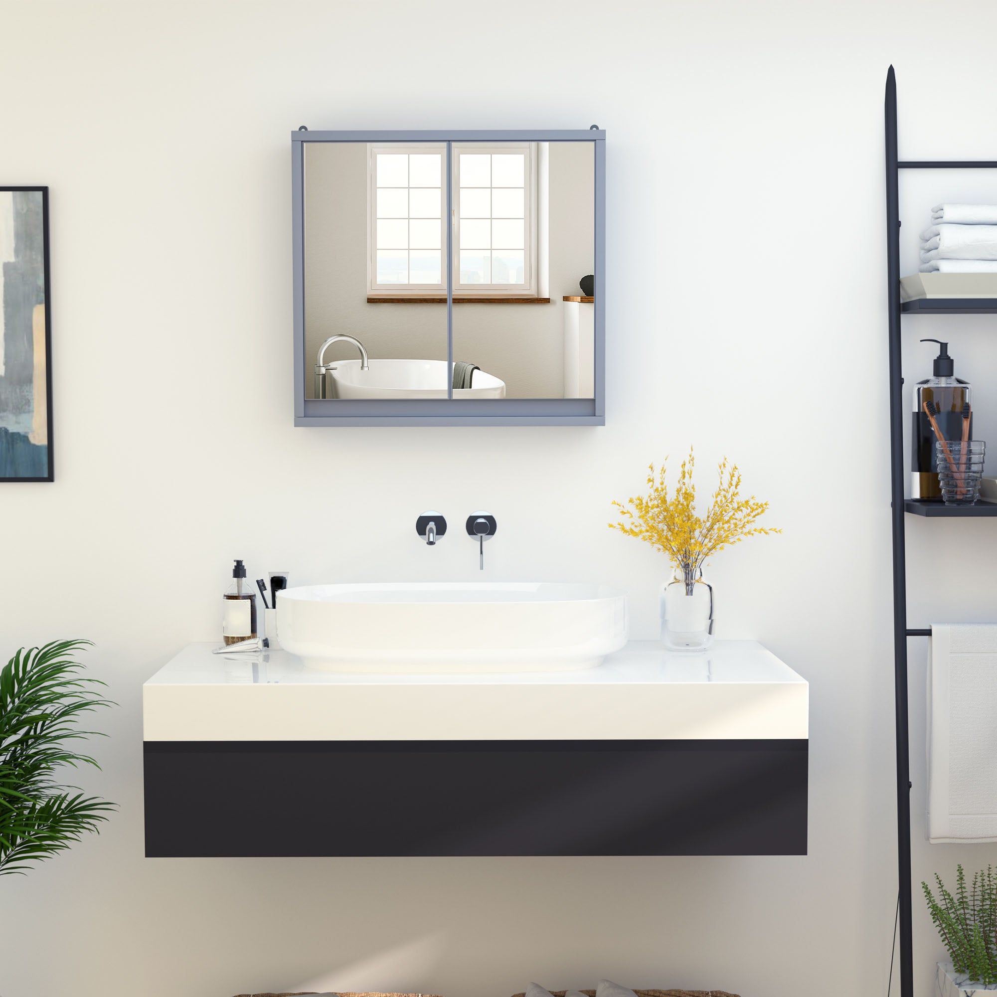 HOMCOM Wall Mounted Mirror Cabinet with Storage Shelf Bathroom Cupboard Double Door Grey - North Peak Garden Furniture