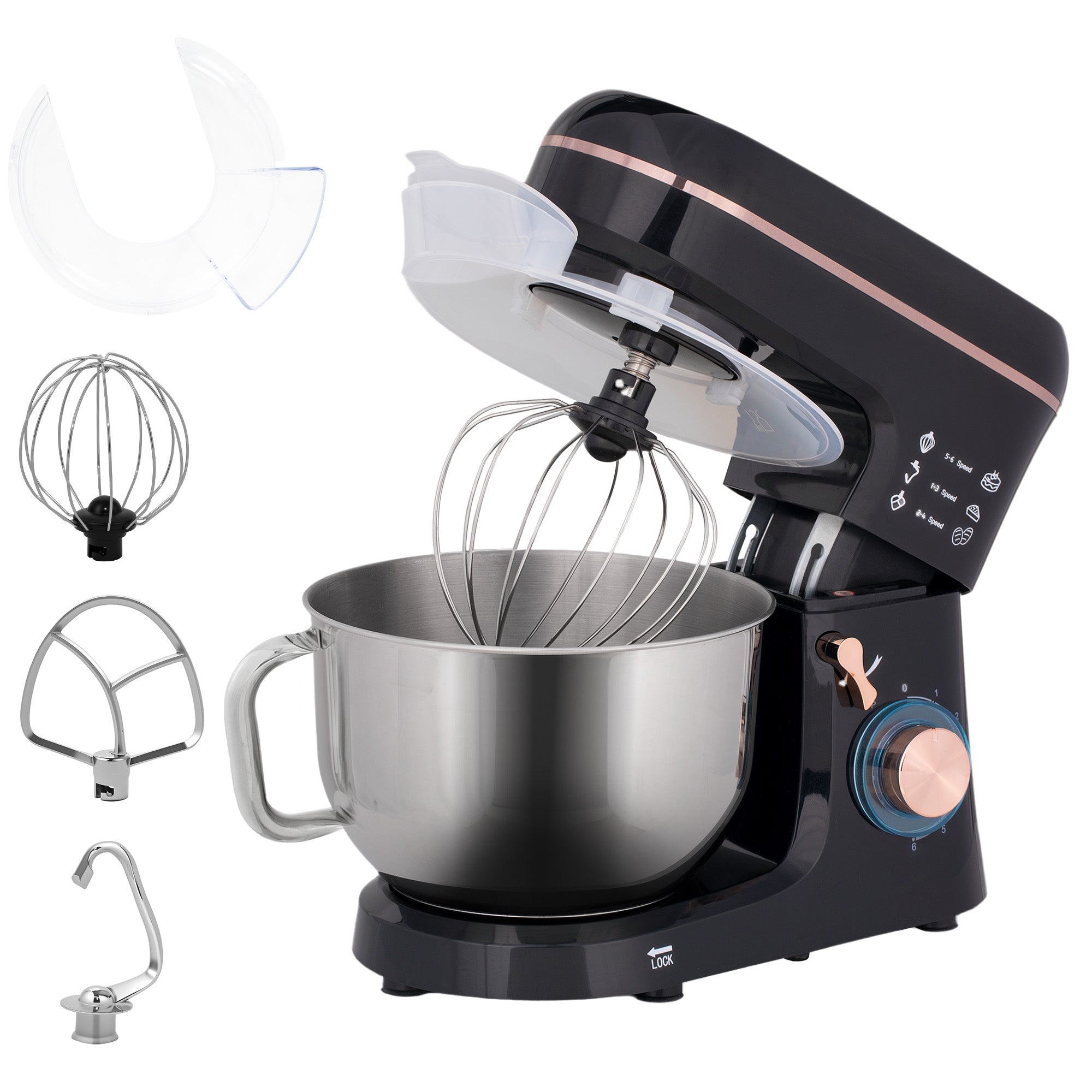 HOMCOM Stand Mixer, 5L Food Mixer for Baking, 6 Speeds and Pulse Setting, 1400W Cake Electric Kitchen Mixer with Dough Hook, Whisk, Stainless Steel Bowl, Splash Guard, Beater, Black - North Peak Garden Furniture