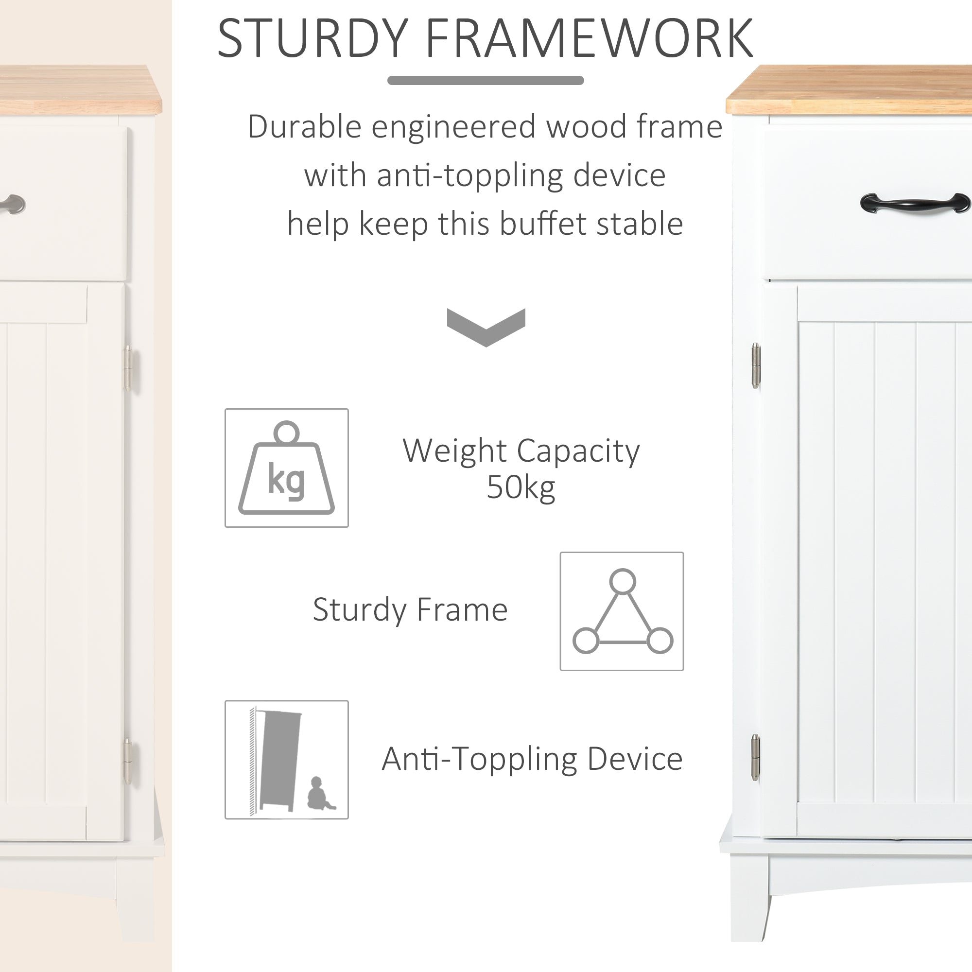 HOMCOM Modern Kitchen Cupboard, Wooden Storage Cabinet, Tableware Organizer with 2 Drawers for Living & Dining Room, White