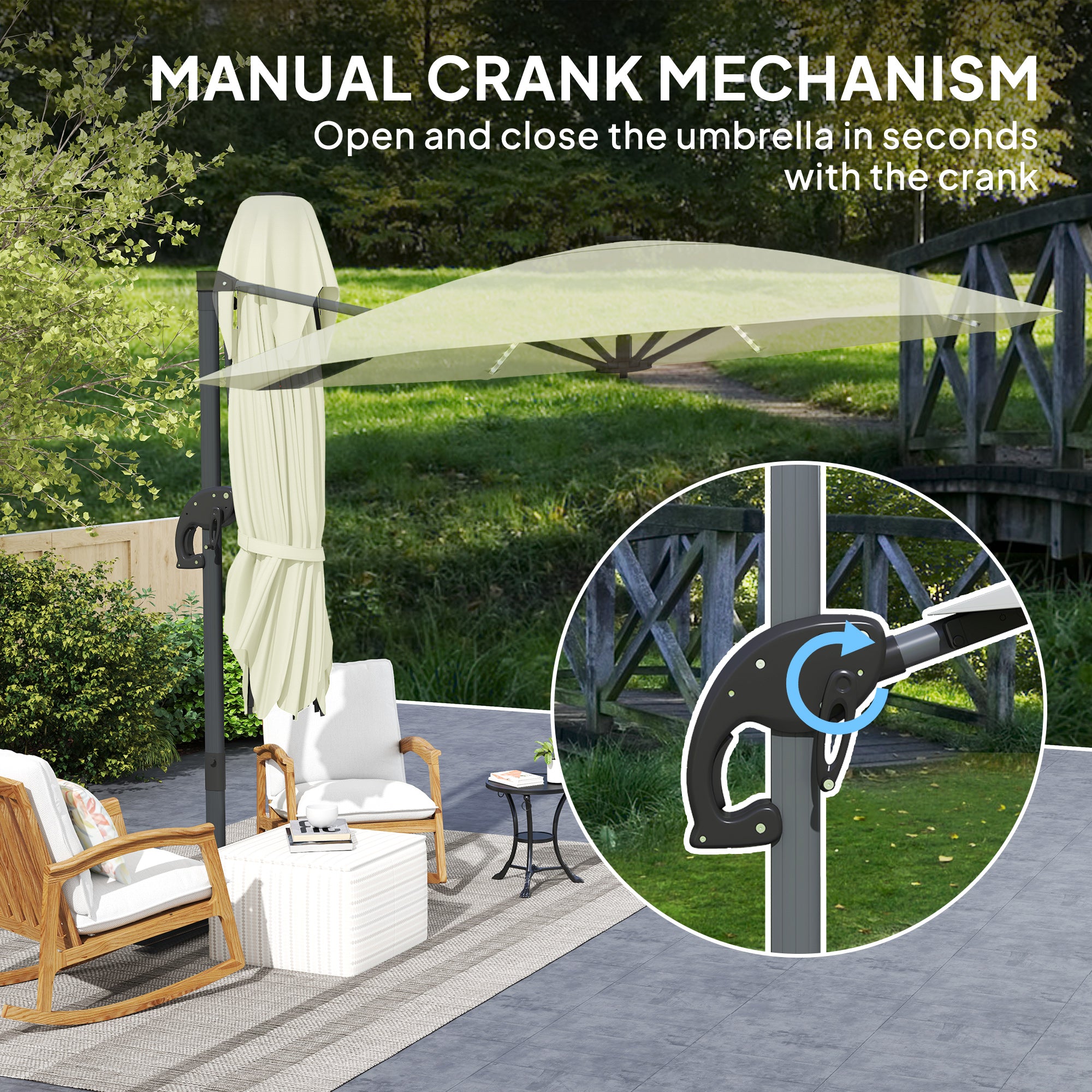 Outsunny 3(m) Cantilever Garden Parasol with Solar Powered Lights, Crank Handle & Cross Base, UPF 50+, 360° Rotation, Cream - North Peak Garden Furniture