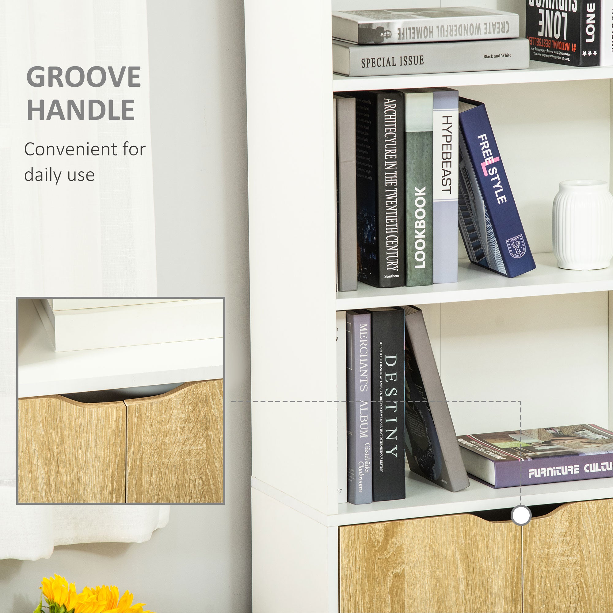 HOMCOM 6-Tier Tall Bookcase, Bookshelf with 4 Open Shelves and Double Door Storage Cabinet, Freestanding Display Rack for Living Room, Bedroom, Home Office, Study, 59 x 29 x 180cm, White and Oak - North Peak Garden Furniture