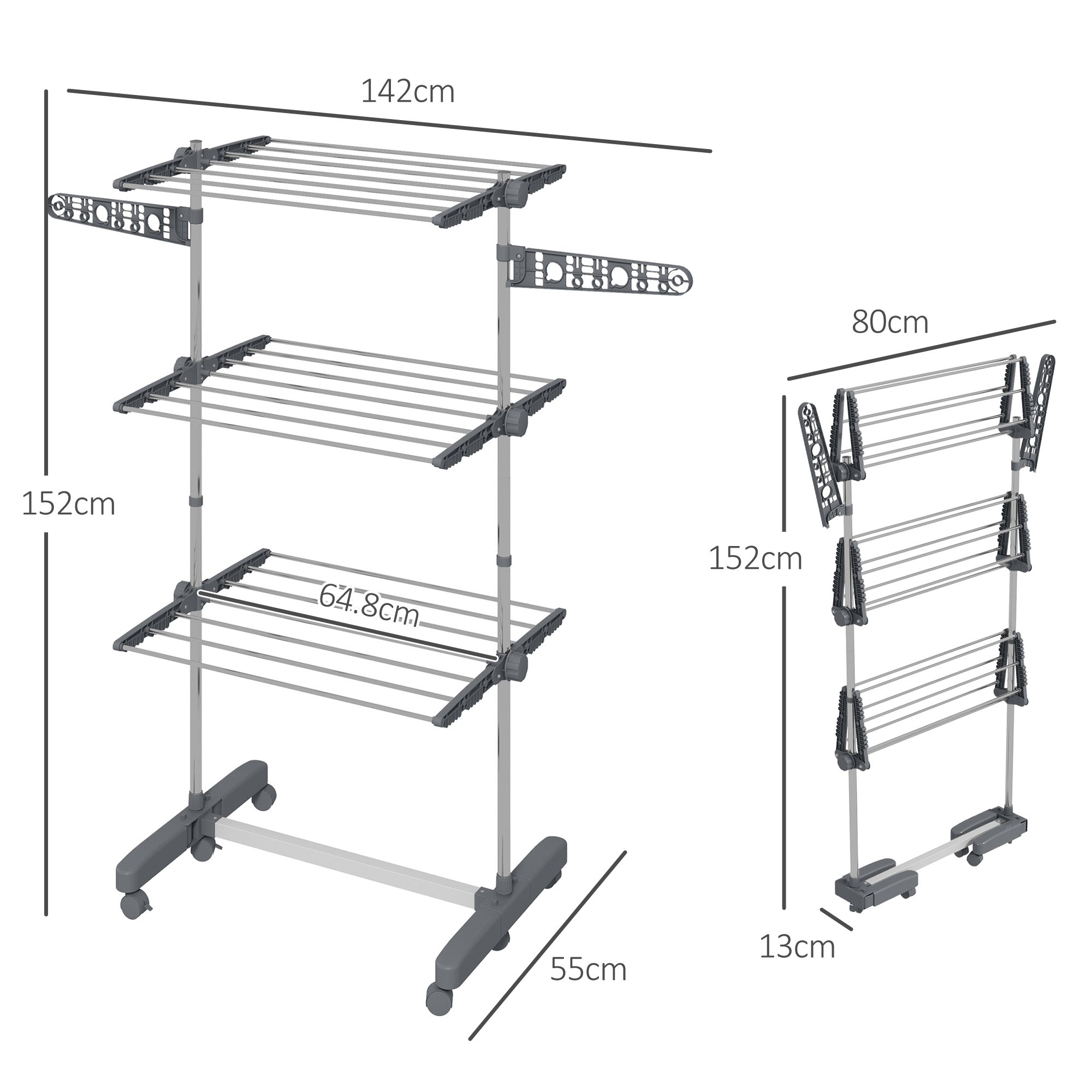 HOMCOM Three-Shelf Collapsing Clothes Horse, With Side Arms and Wheels - Grey - North Peak Garden Furniture
