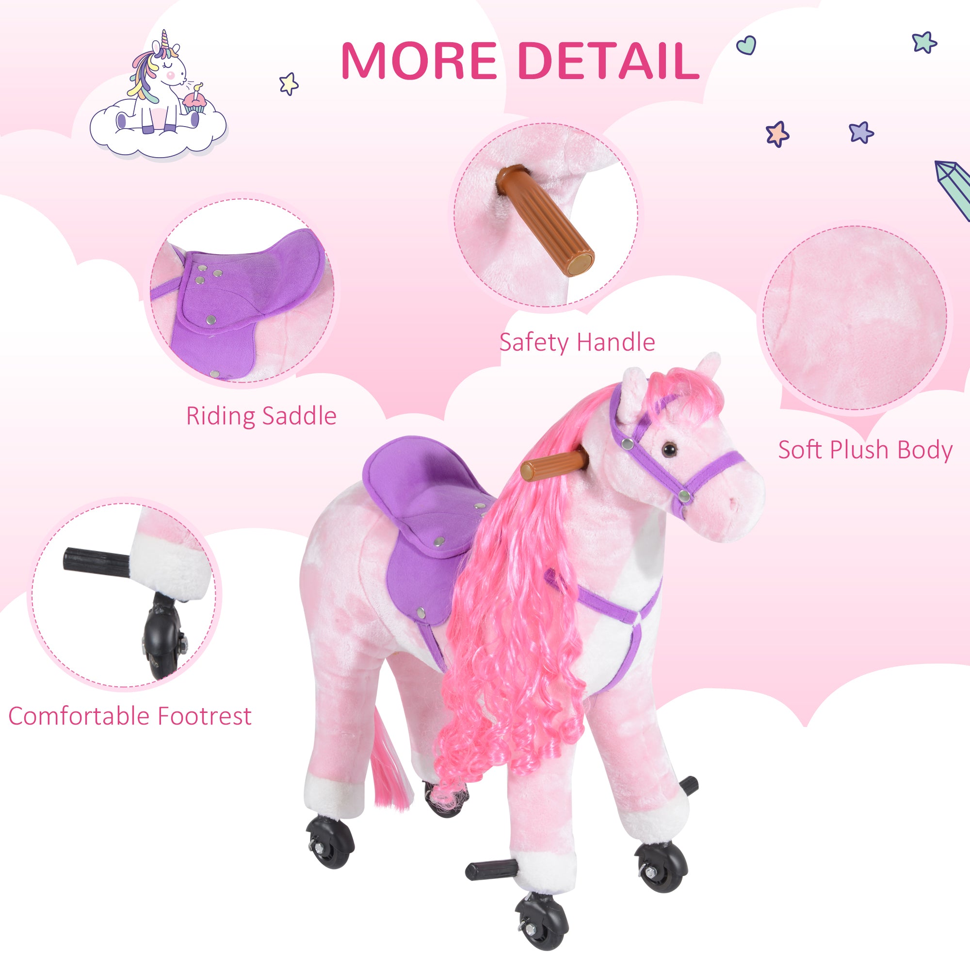 HOMCOM Plush Walking Horse Ride On Toy with Wheels and Realistic Sounds Rocking Horse for Girls Boys 3+ Years Old, 50cm Tall, Pink - North Peak Garden Furniture