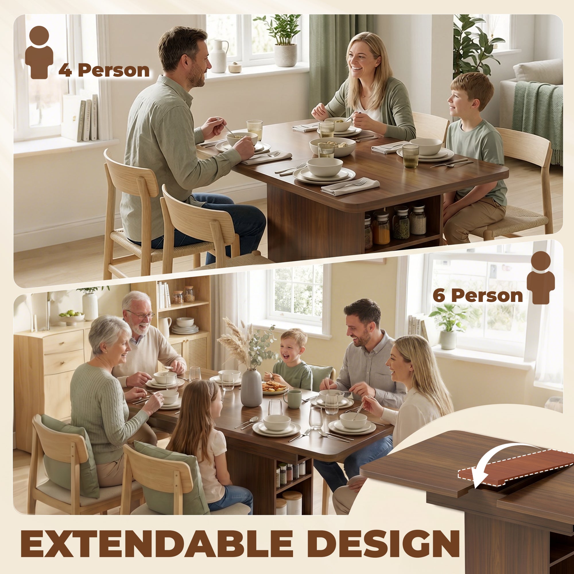 HOMCOM Extendable Dining Table for 4-6 People, 110-130cm Kitchen Table with 6 Open Shelves, Walnut Brown