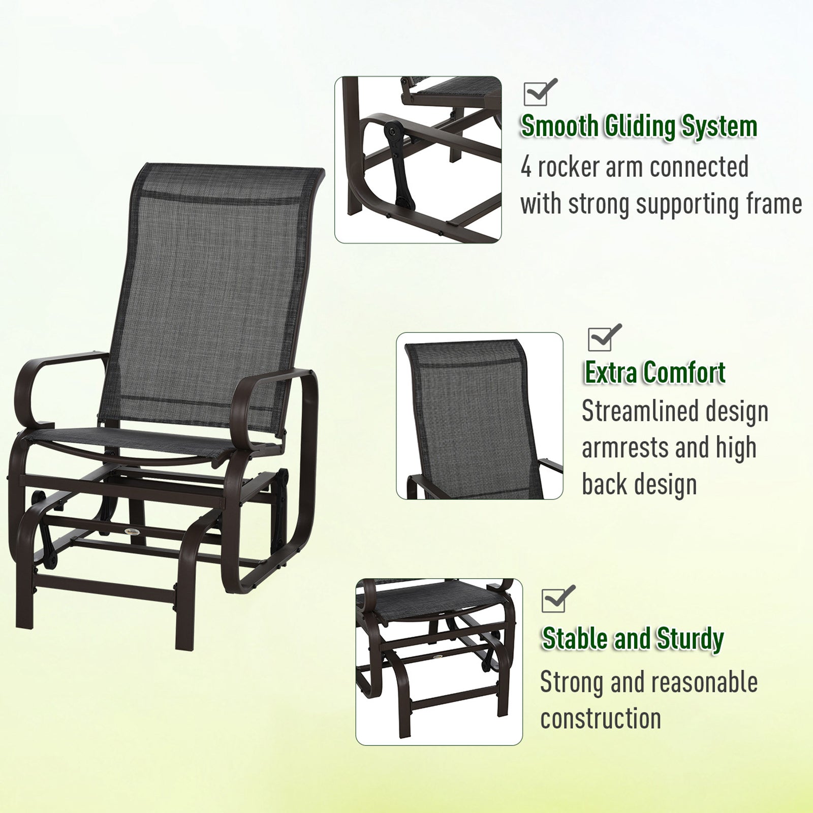 Outsunny 3 Pieces Garden Gliding Chair Set, Metal Frame 2 Single Armchair Swing Seater and 1 Glass Top Coffee Table w/ Breath Mesh Fabric Seat, Brown - North Peak Garden Furniture