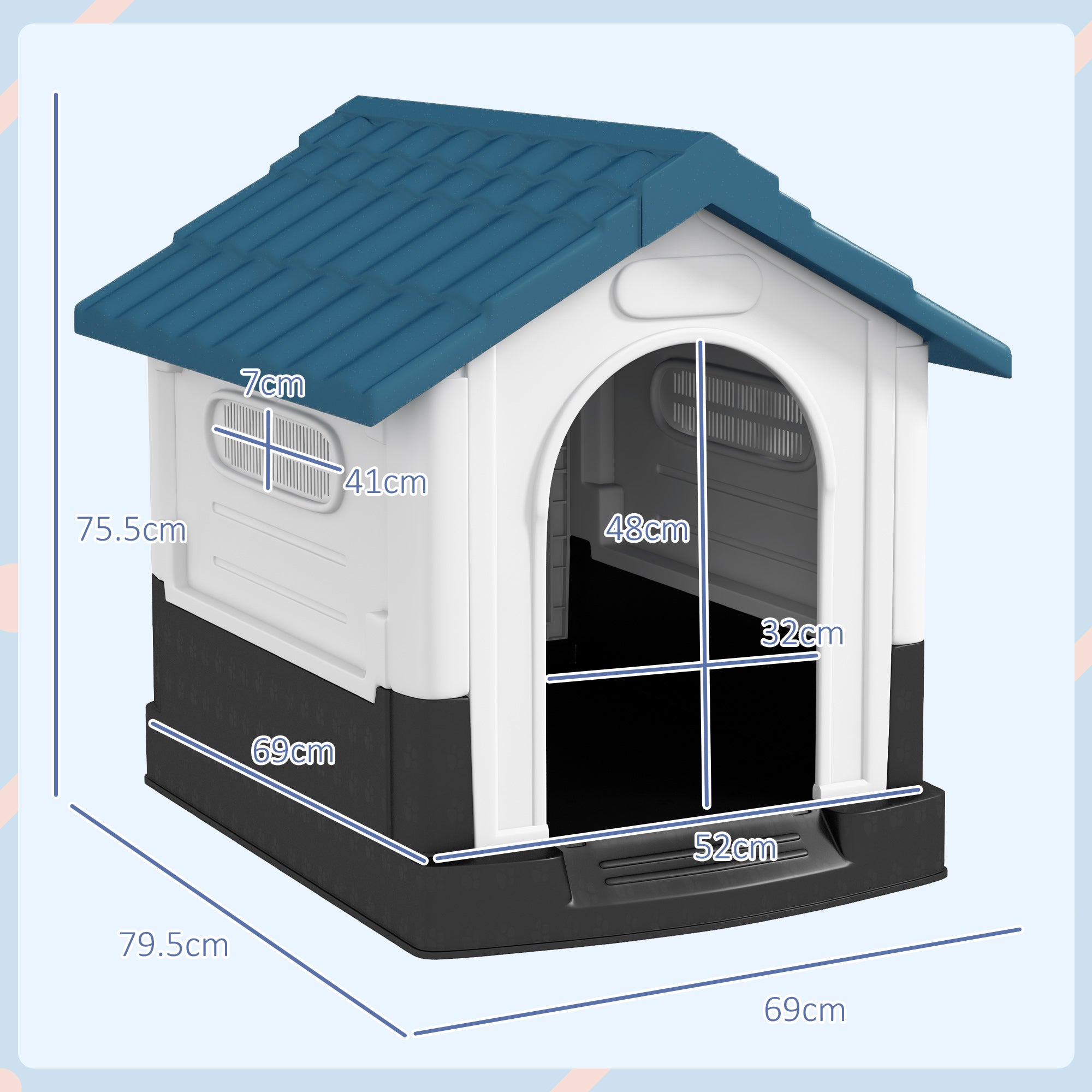 PawHut Plastic Dog Kennel with Windows, for Garden Patio, Miniature and Small Dogs, 80 x 69 x 76cm - Blue - North Peak Garden Furniture