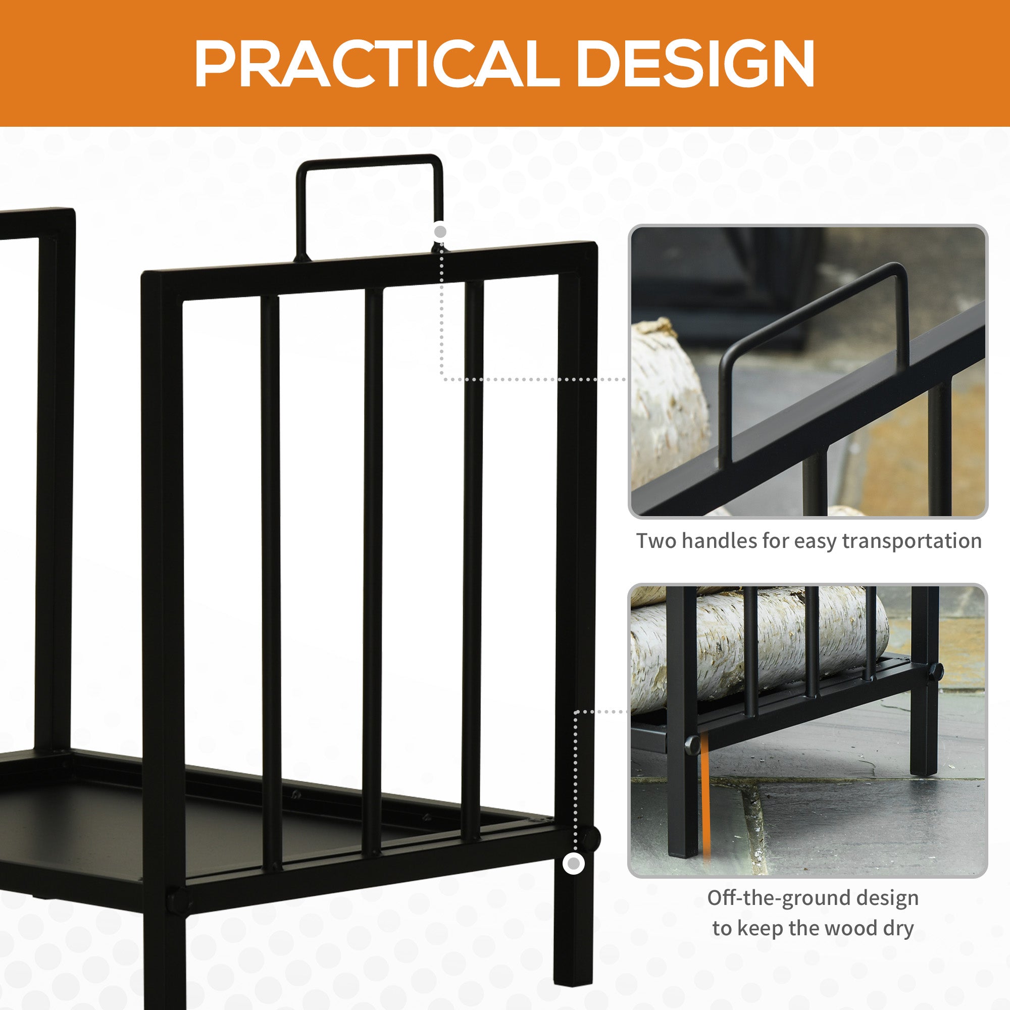 Outsunny Metal Firewood Log Holder Indoor Outdoor Firewood Rack Fireplace Wood Storage Shelf w/ Handles, Rust-Resistant, Black, 39L x 32.5W x 46Hcm - North Peak Garden Furniture