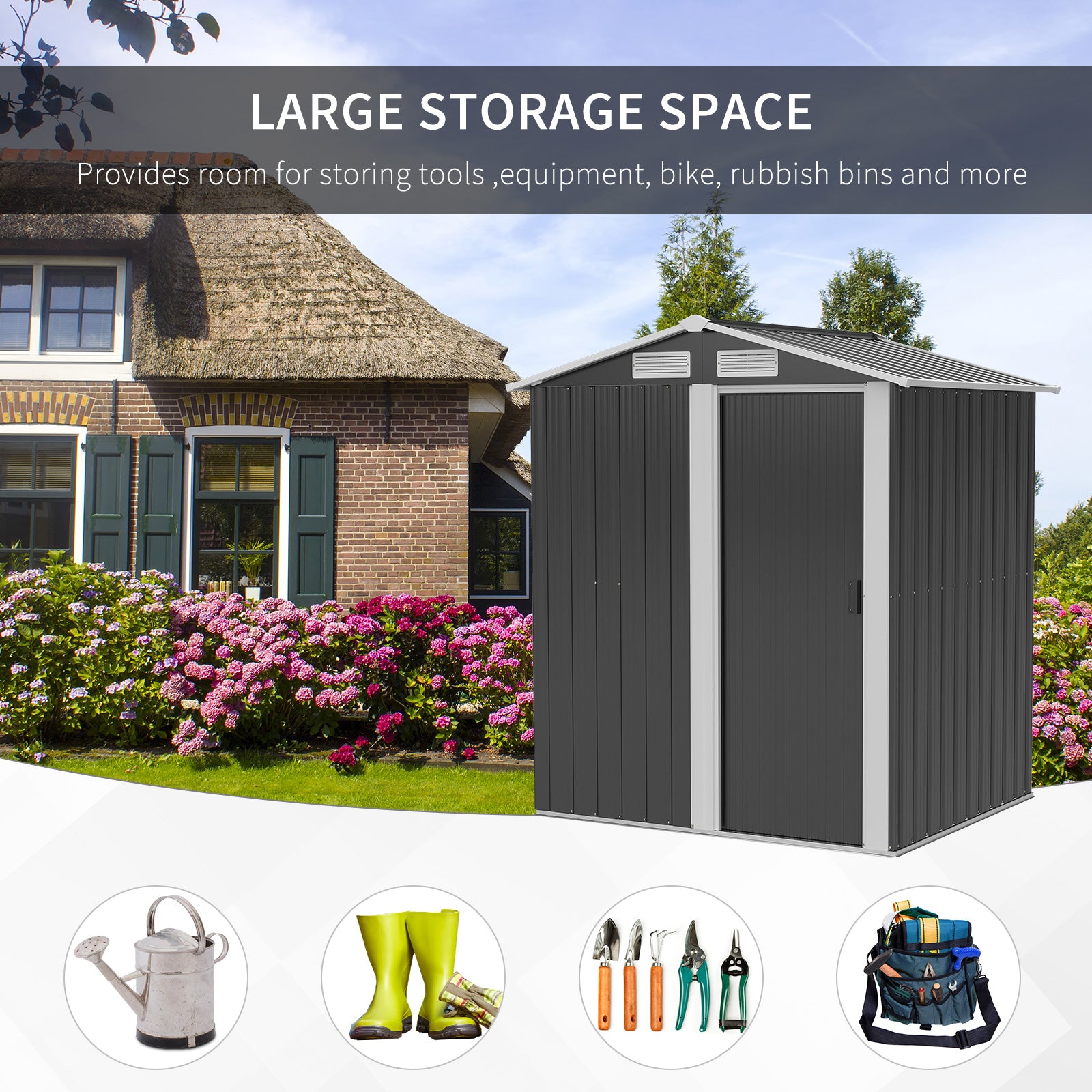 Outsunny Garden Metal Tool Storage Shed with Sliding Door, Sloped Roof and Foundation Kit, 152 x 132 x 188cm, Grey - North Peak Garden Furniture