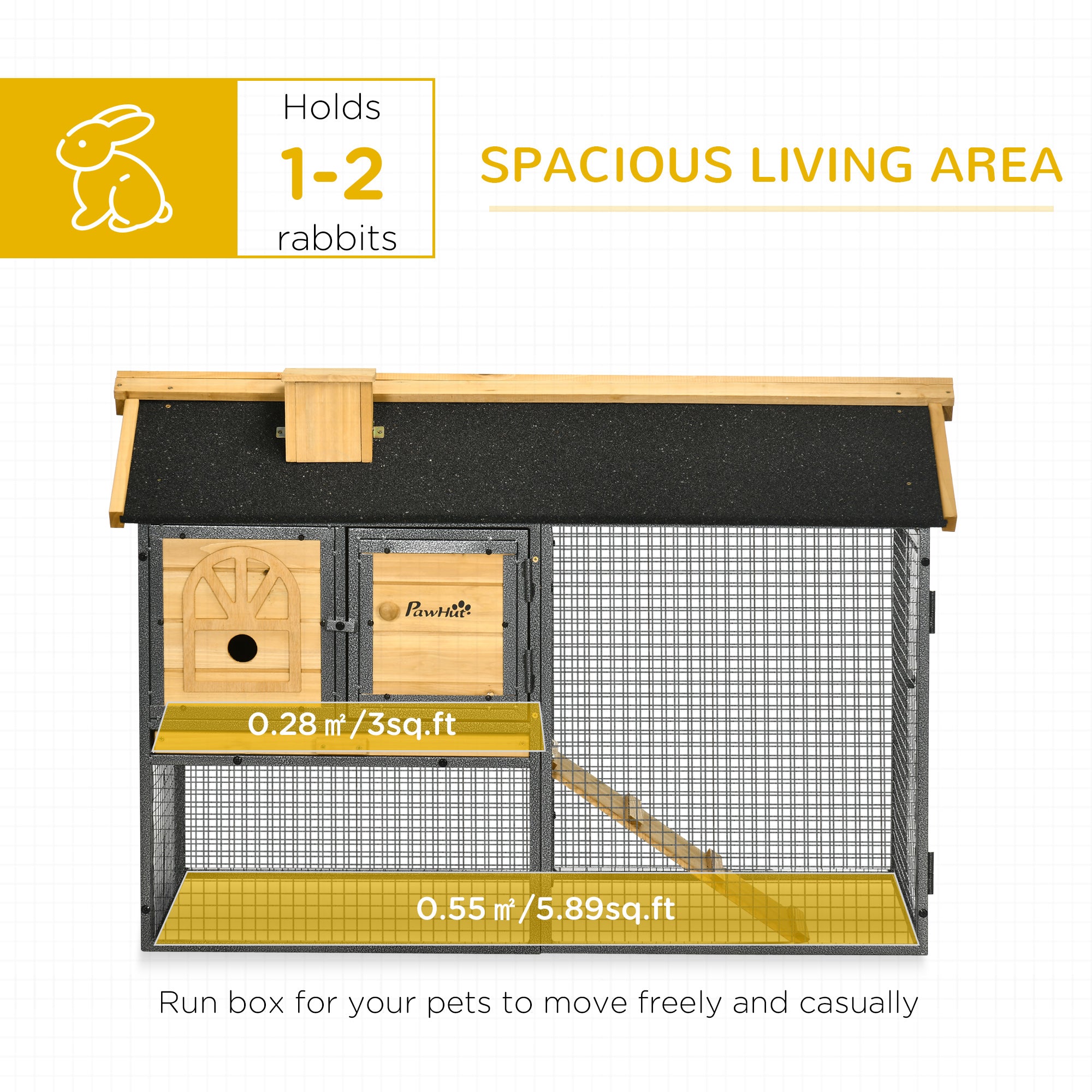 PawHut Outdoor Rabbit Hutch, with Run, Removable Tray, Asphalt Roof, 120 x 55.5 x 80cm