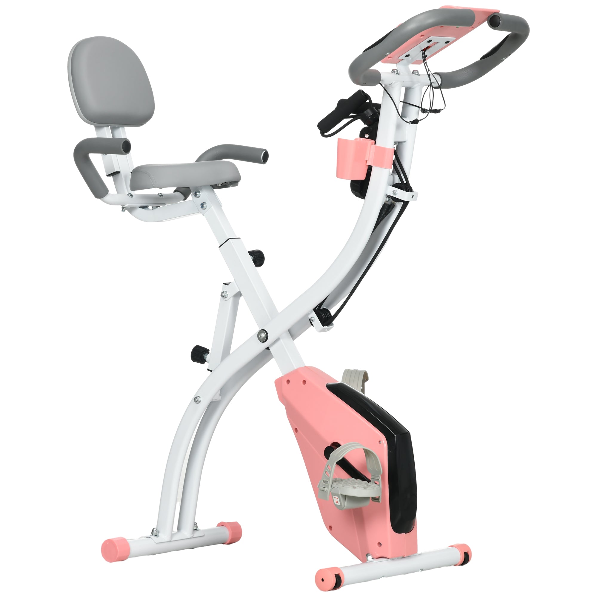 HOMCOM 2-in-1 Folding Exercise Bike with 8-Level Magnetic Resistance, Arm Resistance Band, Pulse Sensor, Pink - North Peak Garden Furniture
