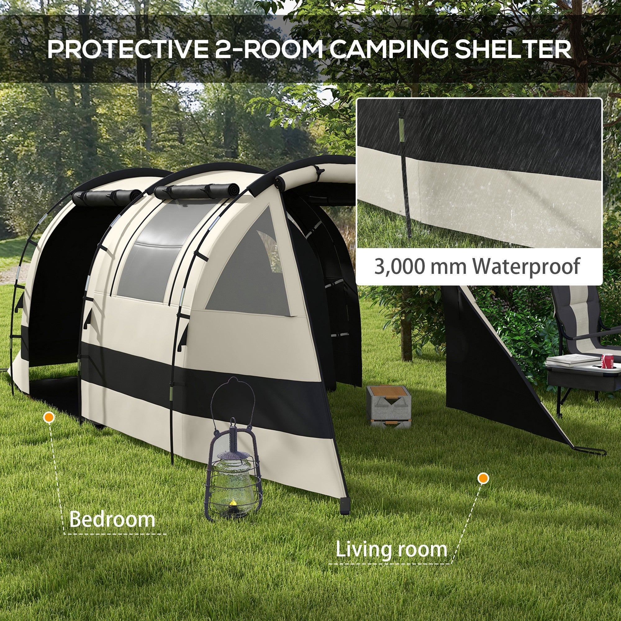Outsunny Four Man, Two Room Blackout Tent, with Accessories - Khaki - North Peak Garden Furniture