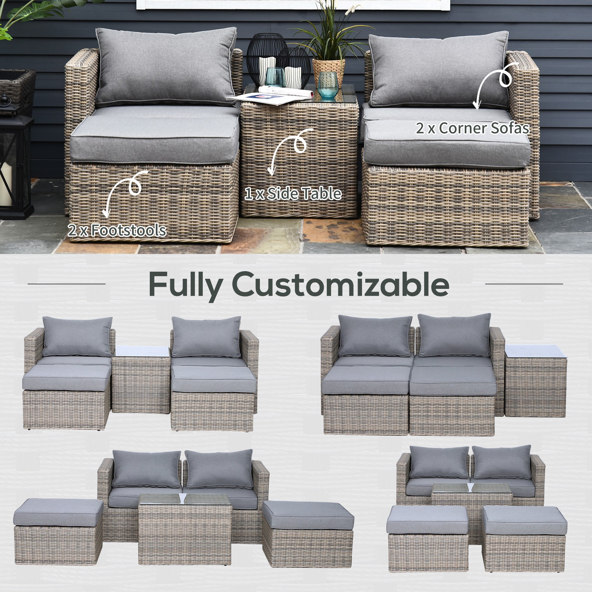 Outsunny 5 Piece Rattan Garden Furniture Set w/ 10cm Thick Cushions, Aluminium Frame Wicker Outdoor Balcony Sofa Set with Corner Armchairs, Ottomans, and Glass Top Table, Mixed Brown - North Peak Garden Furniture