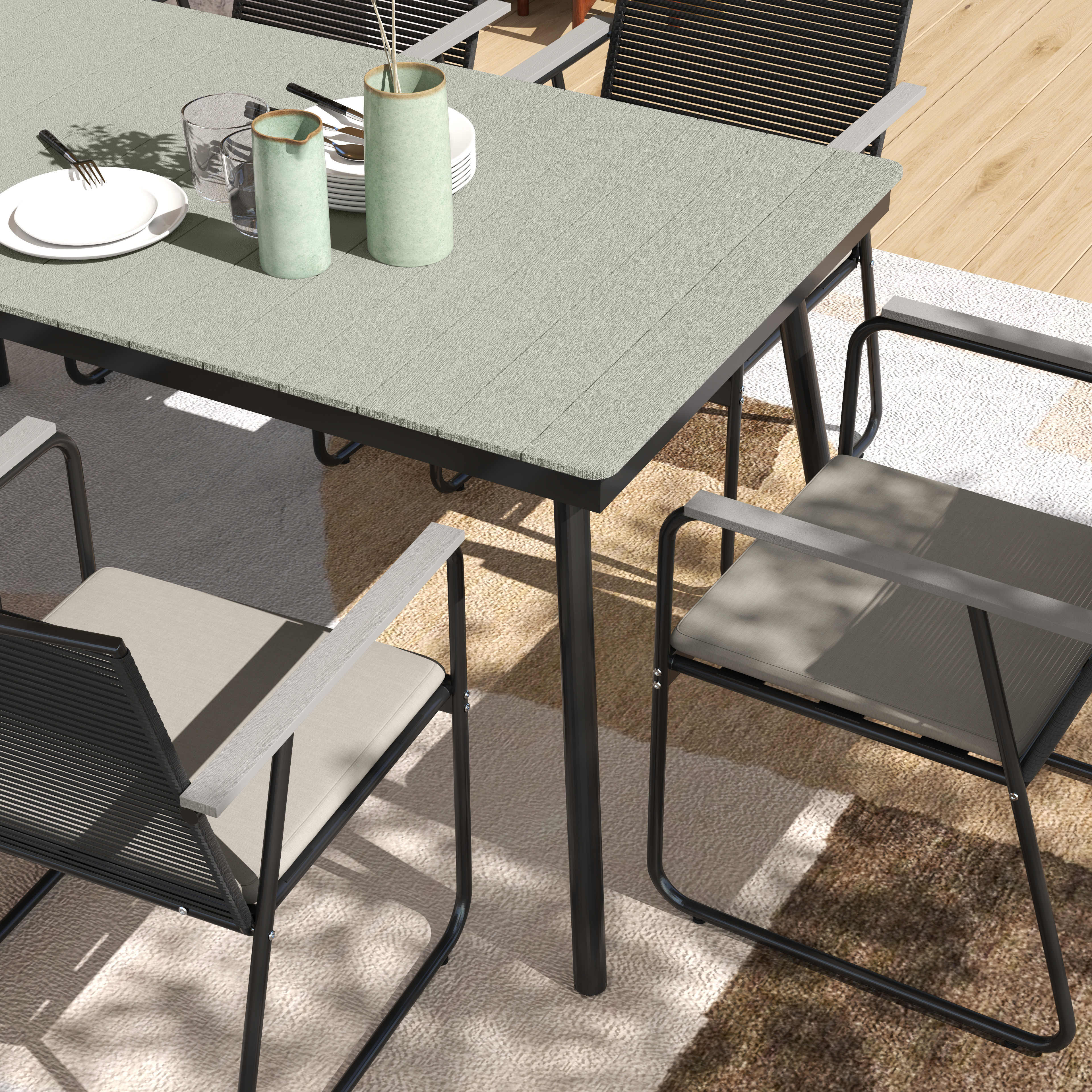 Outsunny 6 Seater Garden Dining Set with Soft Cushions, Rattan Backrest, Rectangular Plastic Top, Garden Furniture Set, Outdoor Dining Table and Chairs for Patio, Balcony, Poolside, Grey - North Peak Garden Furniture