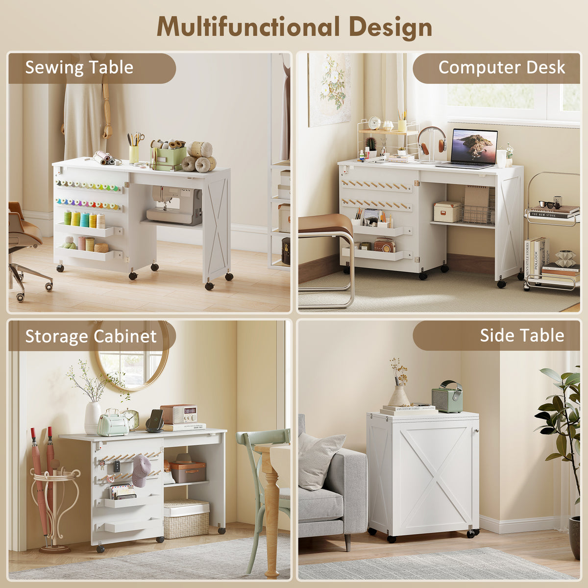 HOMCOM Folding Sewing Table, Rolling Craft Table with Storage compartments, Shelf and Lockable Casters for Small Spaces, White