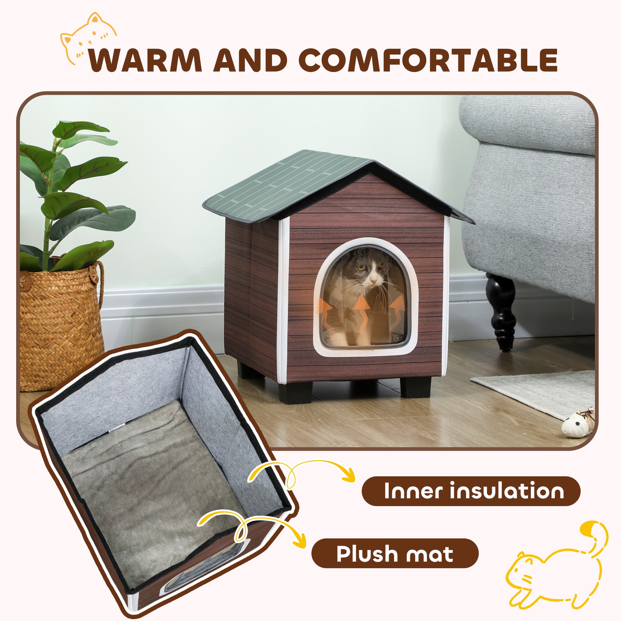 PawHut Insulated Outdoor Cat House, Waterproof Feral Cat Shelter with Elevated Base and Cushion, Red-brown
