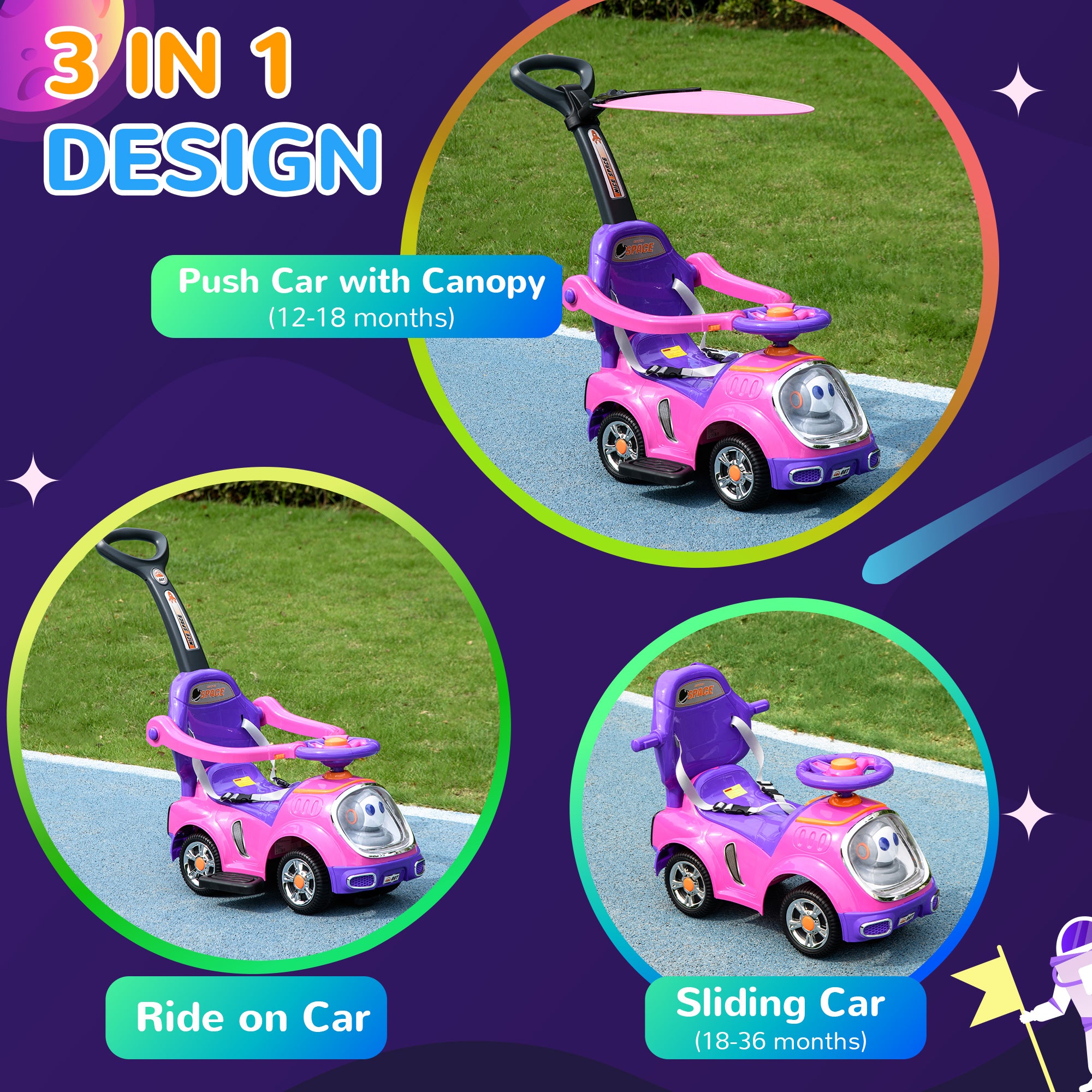 AIYAPLAY 3 in 1 Ride on Push Car, Cartoon Robot Theme Foot to Floor Slider w/ Handle Light Music Horn, Storage - Pink - North Peak Garden Furniture