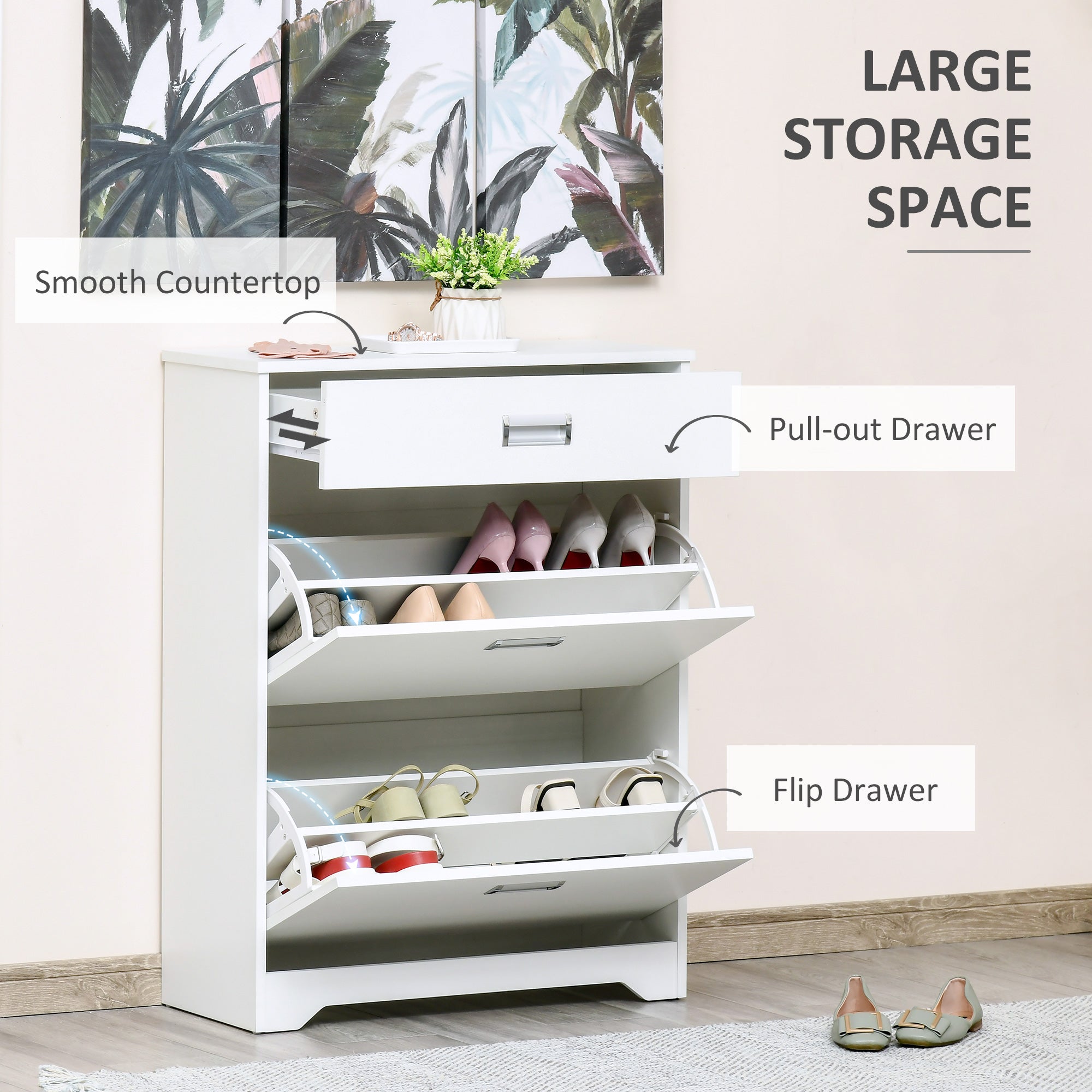 HOMCOM Shoe Cabinet, Slim Shoe Storage Cabinet with Drawer, 2 Flip-up Doors and Adjustable Shelf, Narrow Shoe Cupboard for 16 Pairs of Shoes for Entryway, Hallway, White - North Peak Garden Furniture