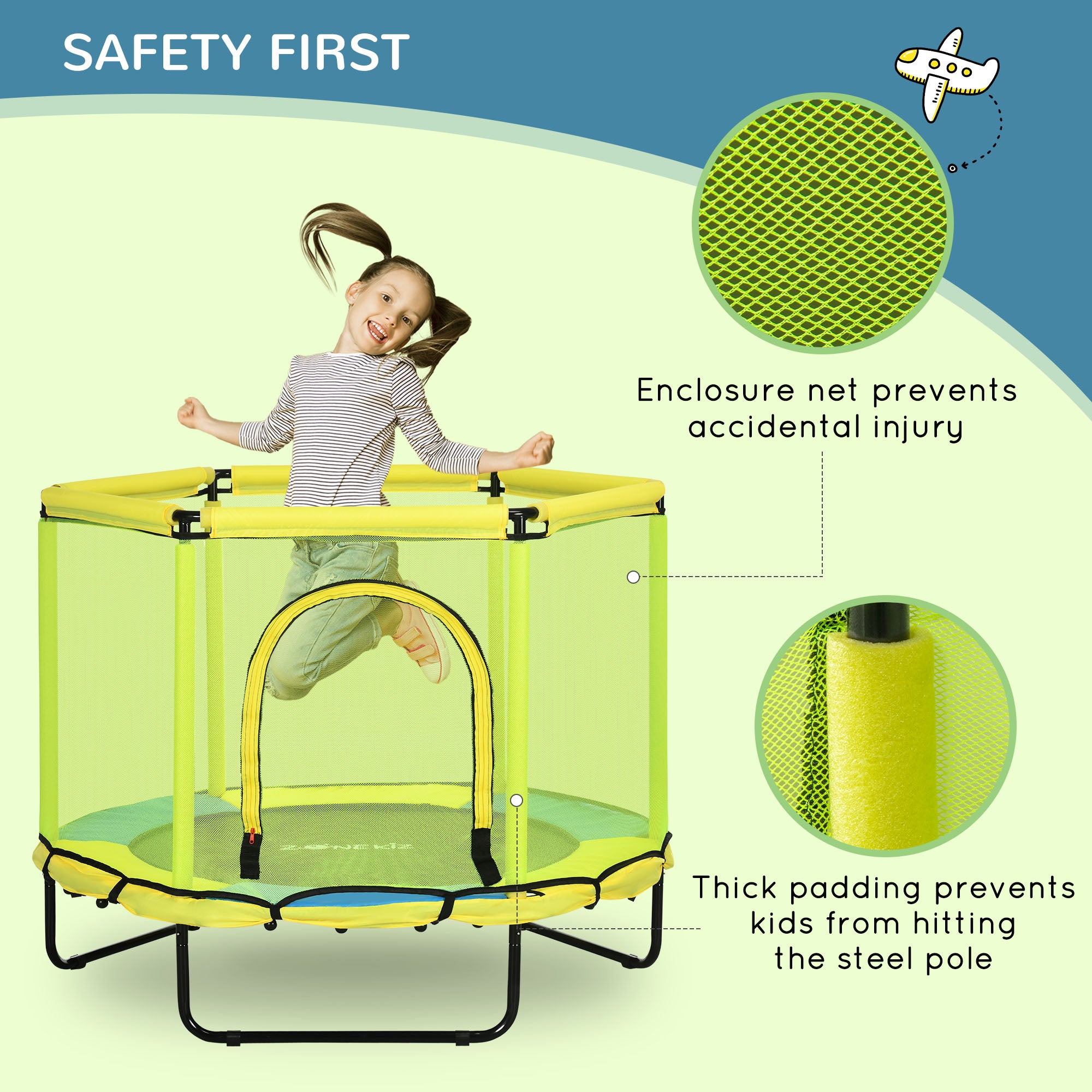 ZONEKIZ 140cm Kids Trampoline, Bungee Gym, with Safety Net, for Ages 3-10 Years - Yellow - North Peak Garden Furniture
