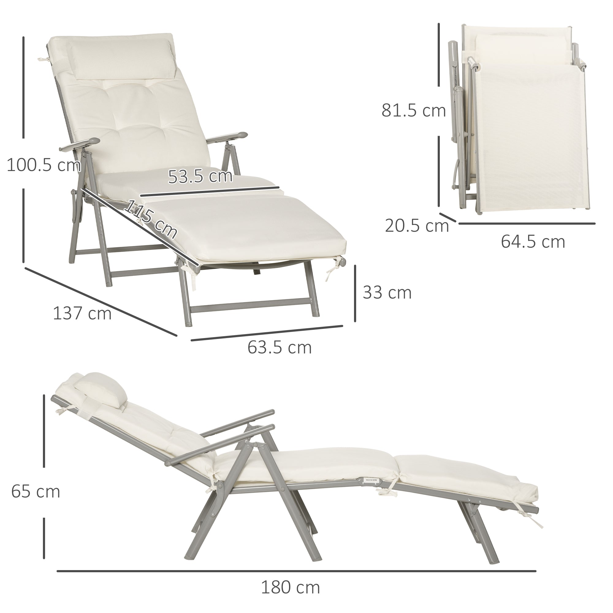 Outsunny Sun Lounger Steel Frame Outdoor Folding Chaise Texteline Lounge Chair Recliner with Headrest & 7 Levels Adjustable Backrest, Cream White