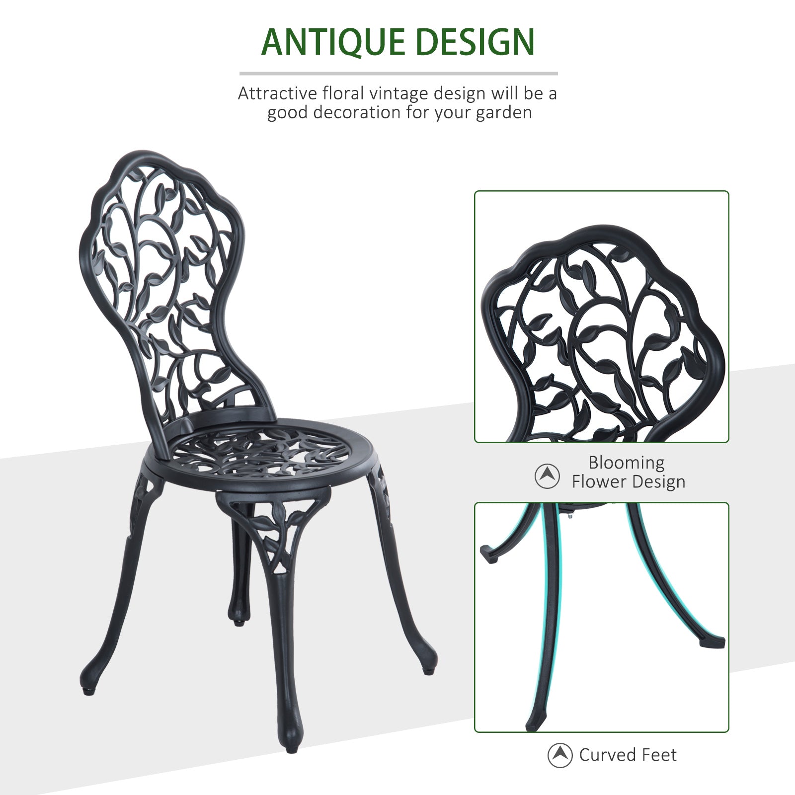 Outsunny Cast Aluminium Bistro Set: Antique Style 3-Piece Garden Furniture with Table & Chairs, Outdoor Seating