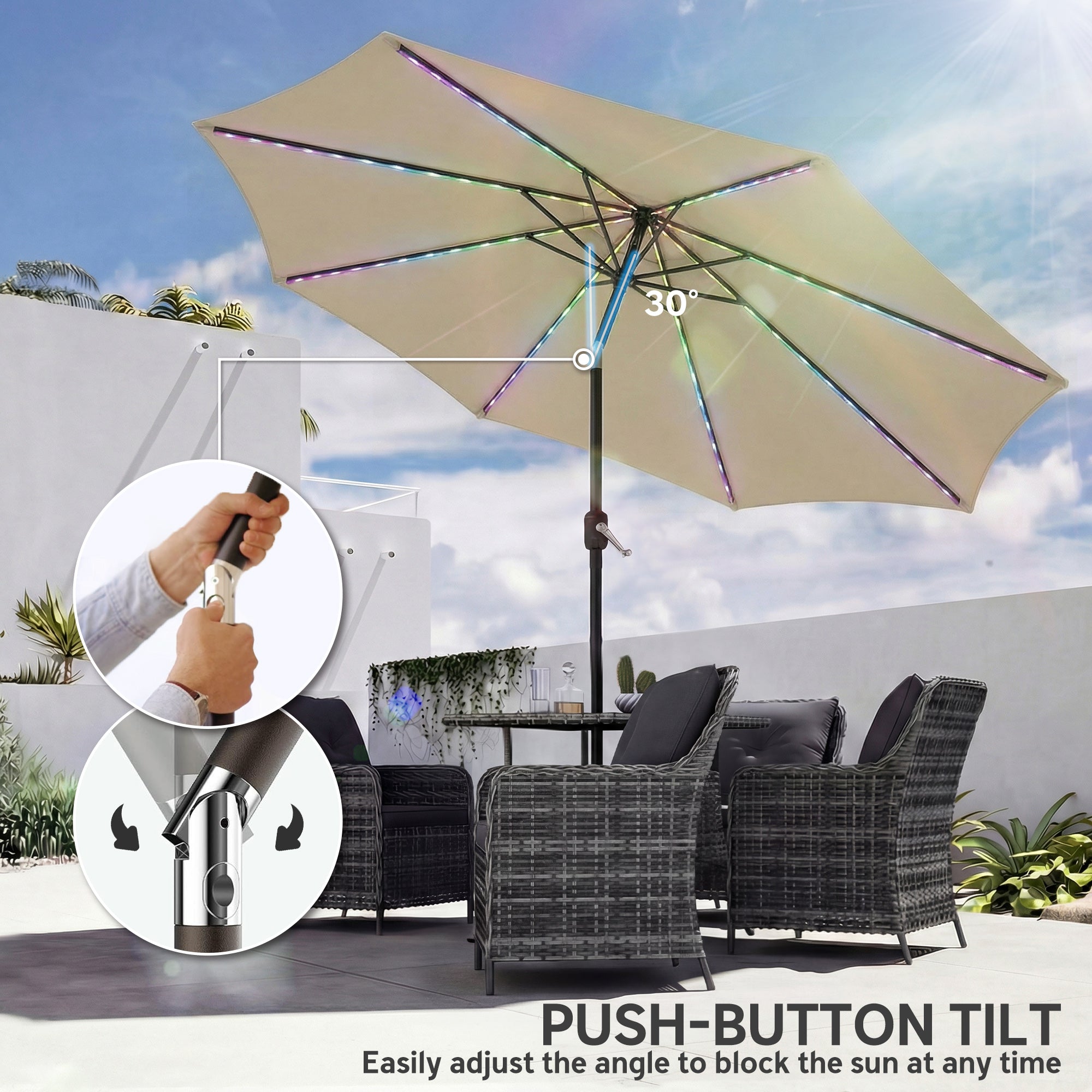 Outsunny 3 m Garden Parasol Umbrella with 112 Solar Powered LED Lights, Patio Umbrella with Crank Handle, Beige
