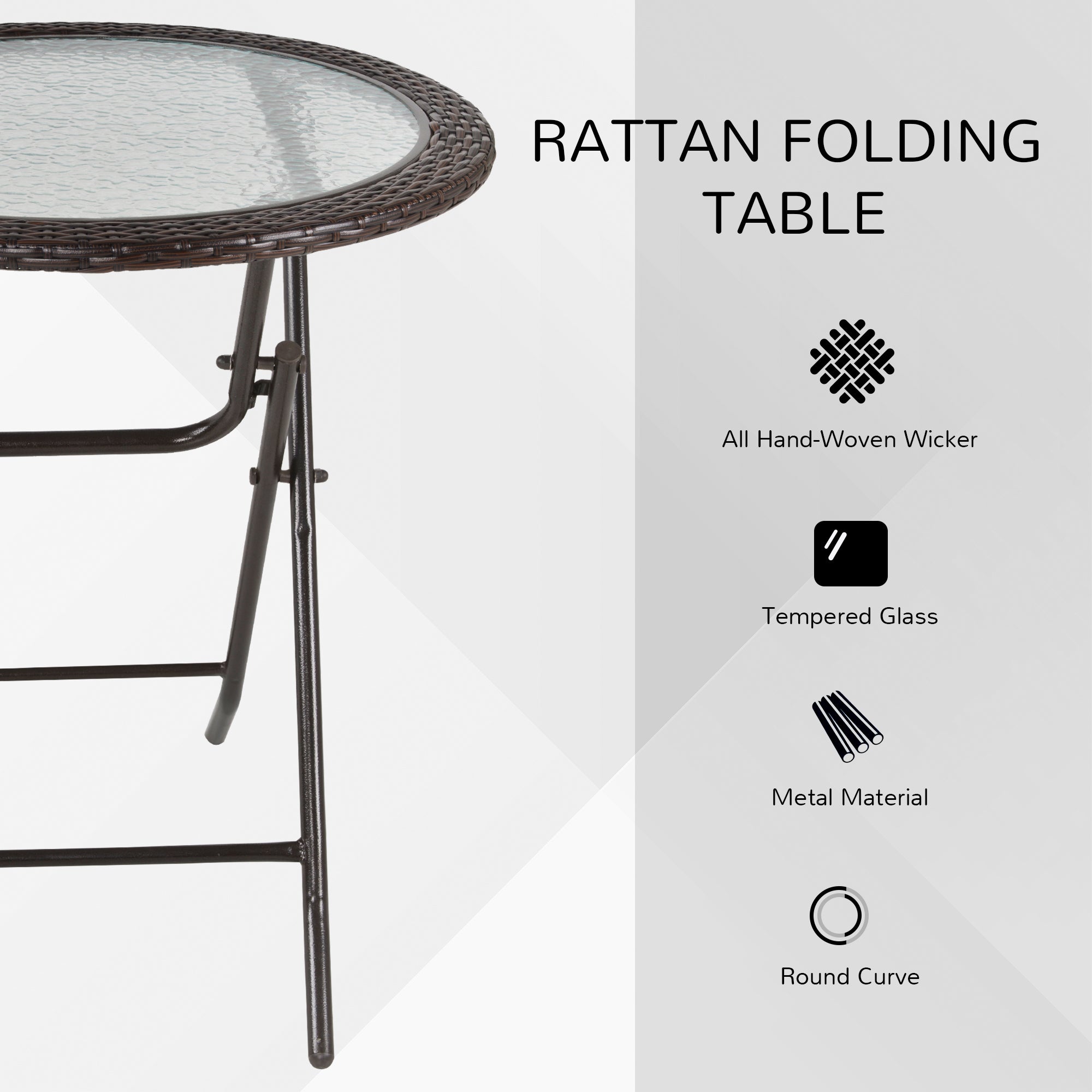 Outsunny Folding Round Tempered Glass Metal Table with Brown Rattan Edging - North Peak Garden Furniture