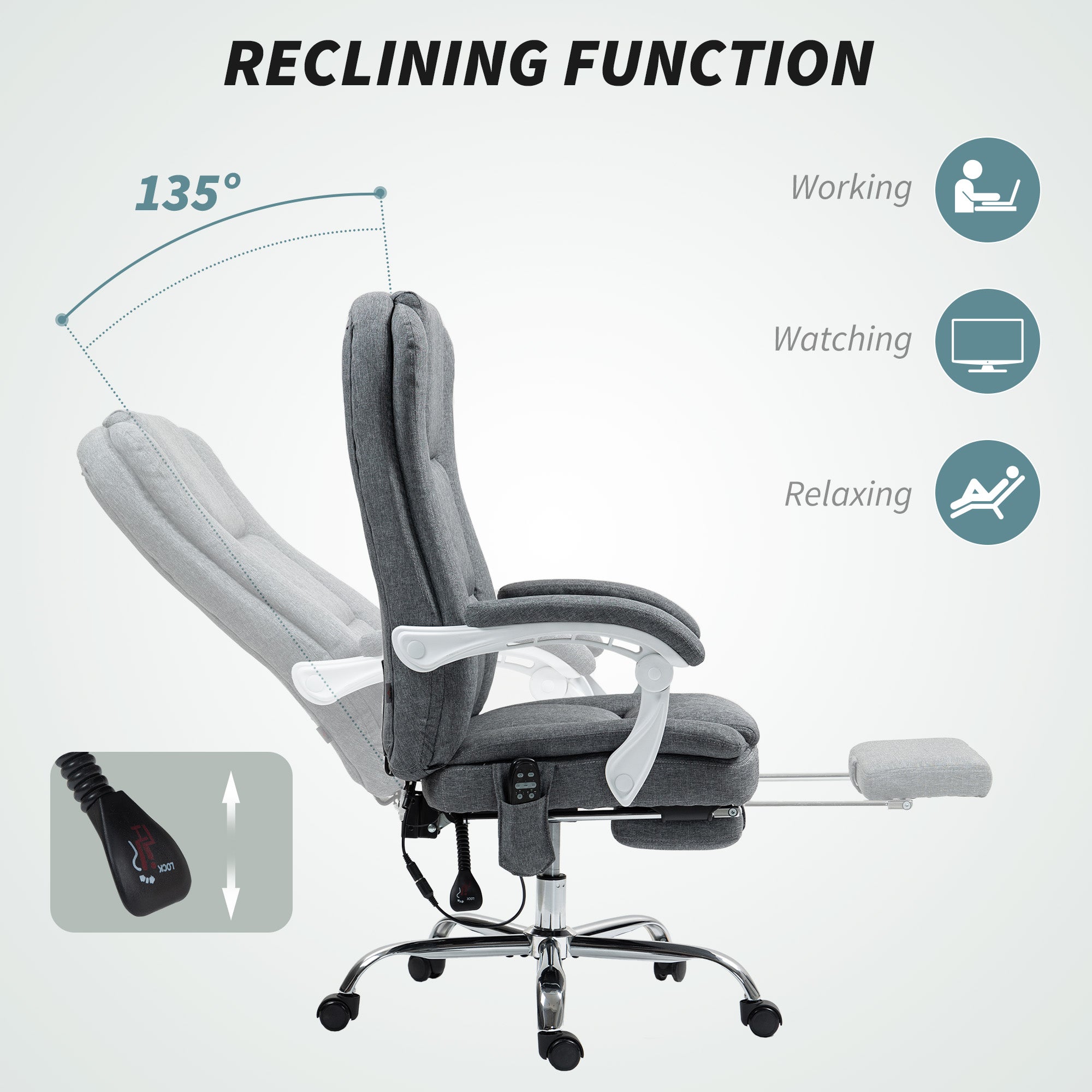 HOMCOM Executive Office Chair with 8-point Massage and Heat, Fabric Computer Desk Chair with Reclining Backrest, High Back, Height Adjustable, Swivel Wheels, Footrest, Remote, for Home, Grey - North Peak Garden Furniture