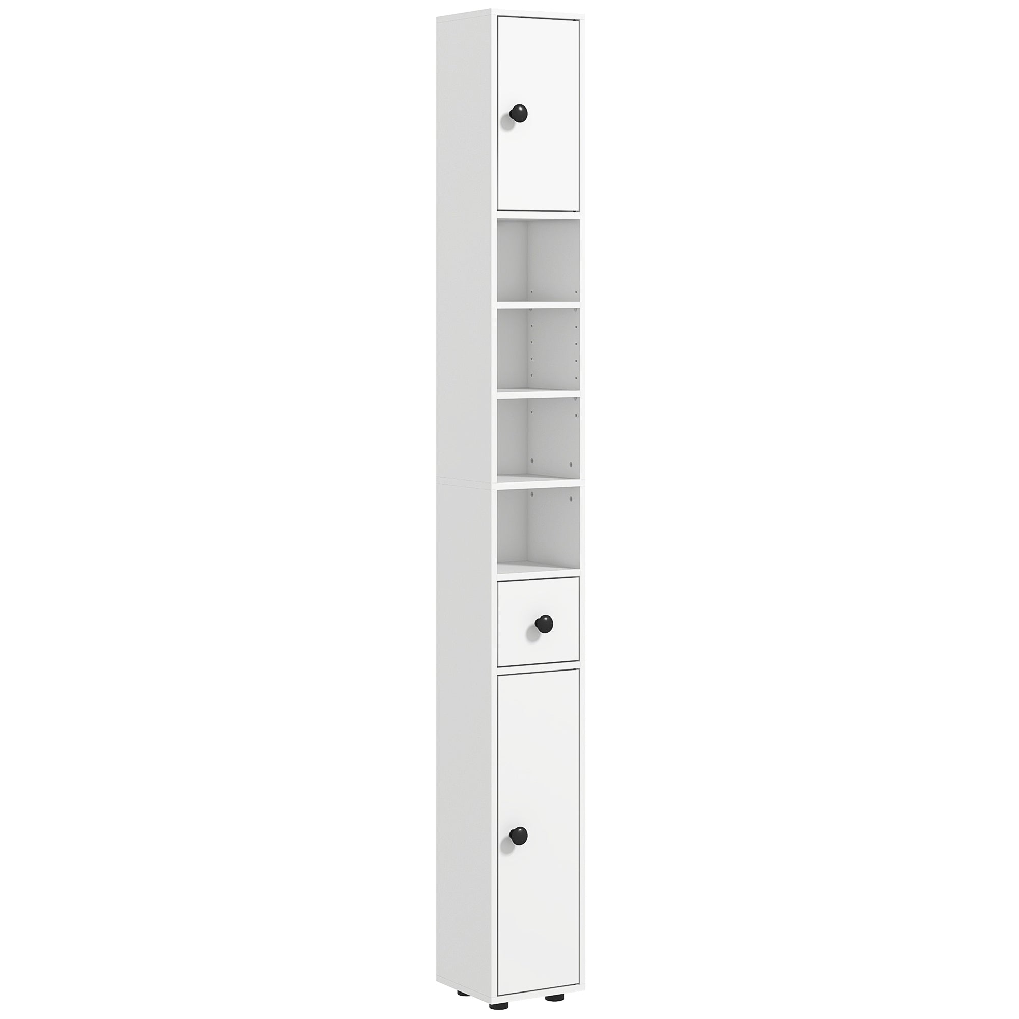 kleankin 180cm Tall Bathroom Cabinet, Slim Bathroom Storage Cabinet with 4 Open Shelves, 2 Door Cupboards and Adjustable Shelves, White - North Peak Garden Furniture