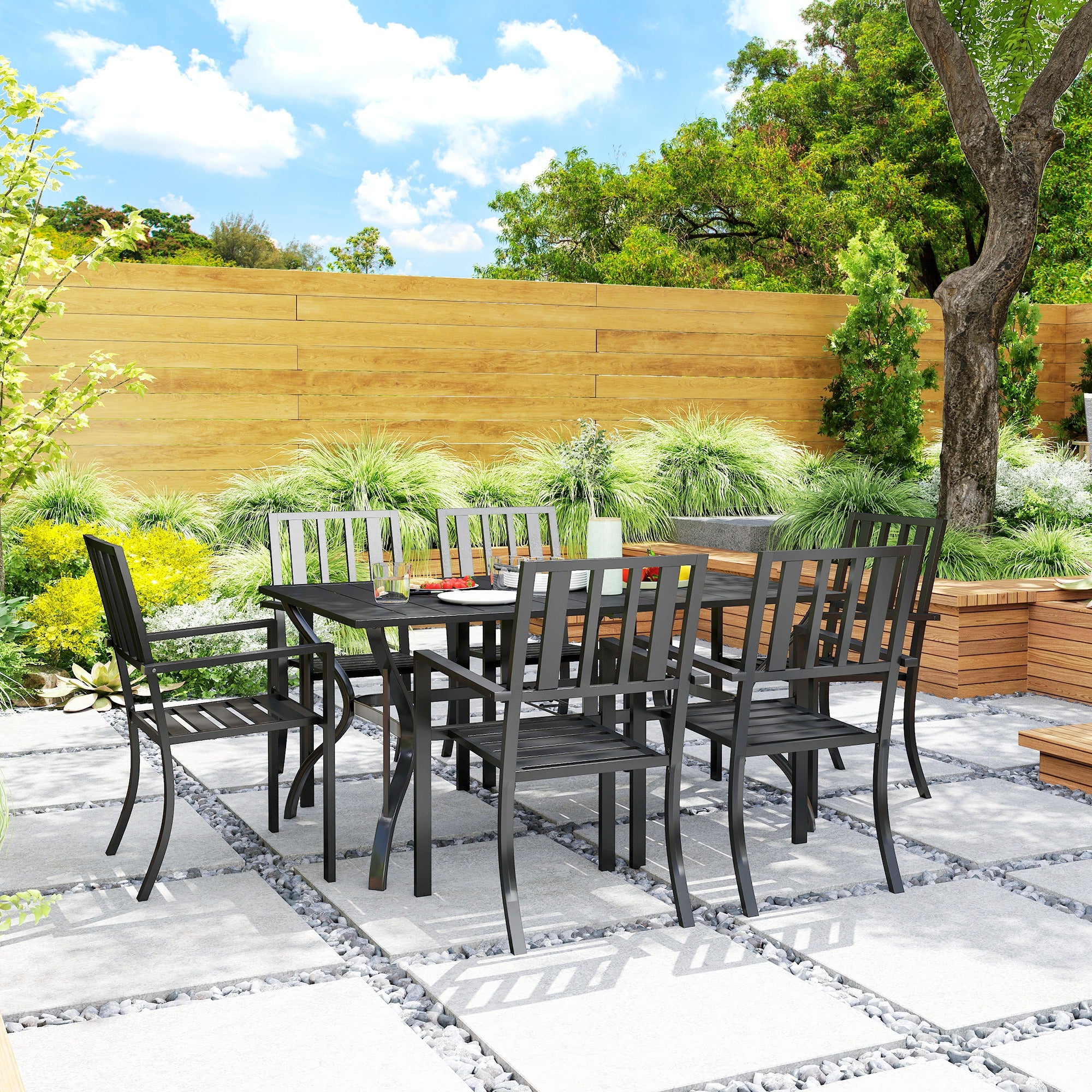 Outsunny 7 Pieces Garden Table and Chairs 6 Seater Outdoor Table and Chairs with Umbrella Hole, for Poolside, Garden, Black - North Peak Garden Furniture