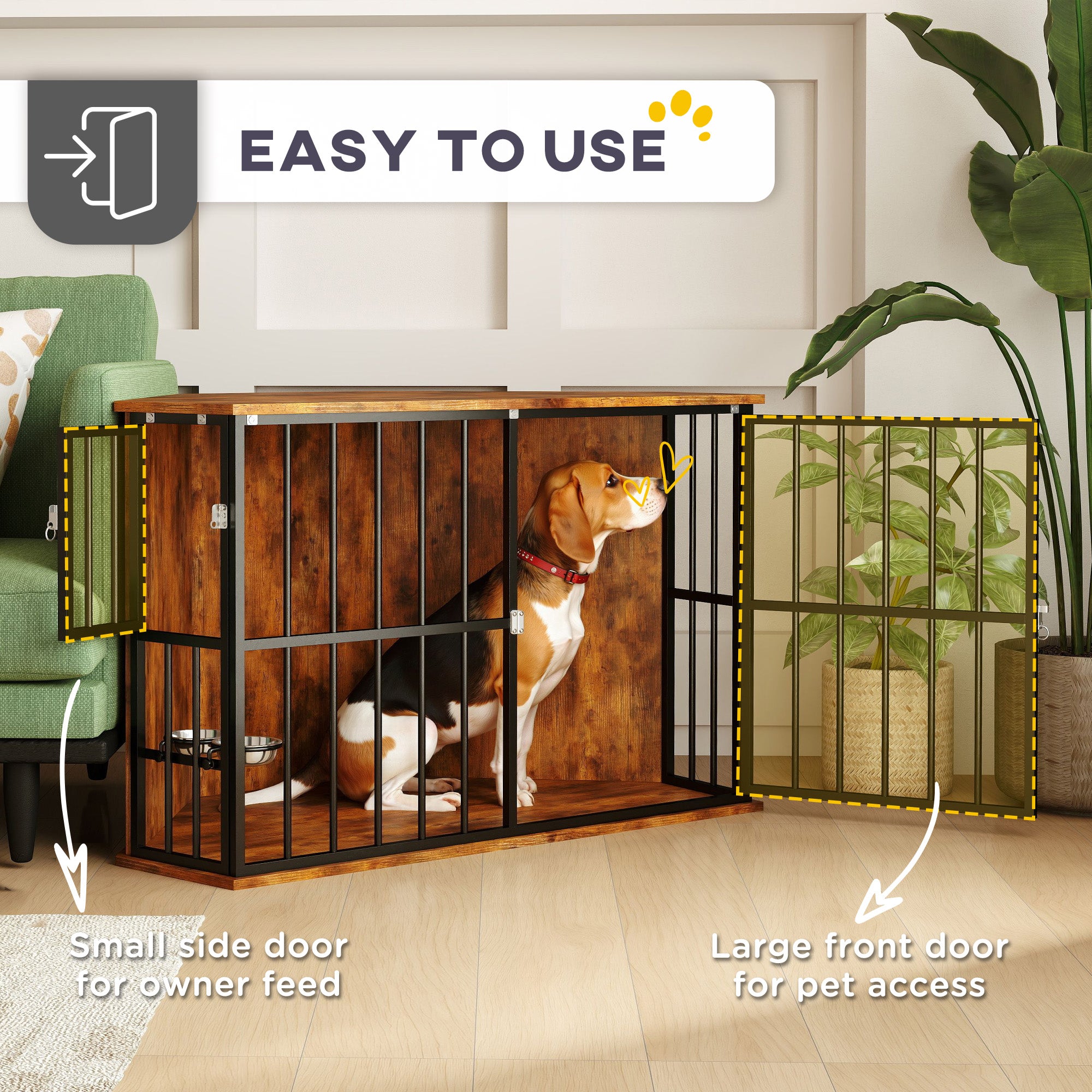 PawHut Corner Dog Crate Furniture with 2 Bowls, Lockable Doors, for Small Medium Dogs, Rustic Brown - North Peak Garden Furniture
