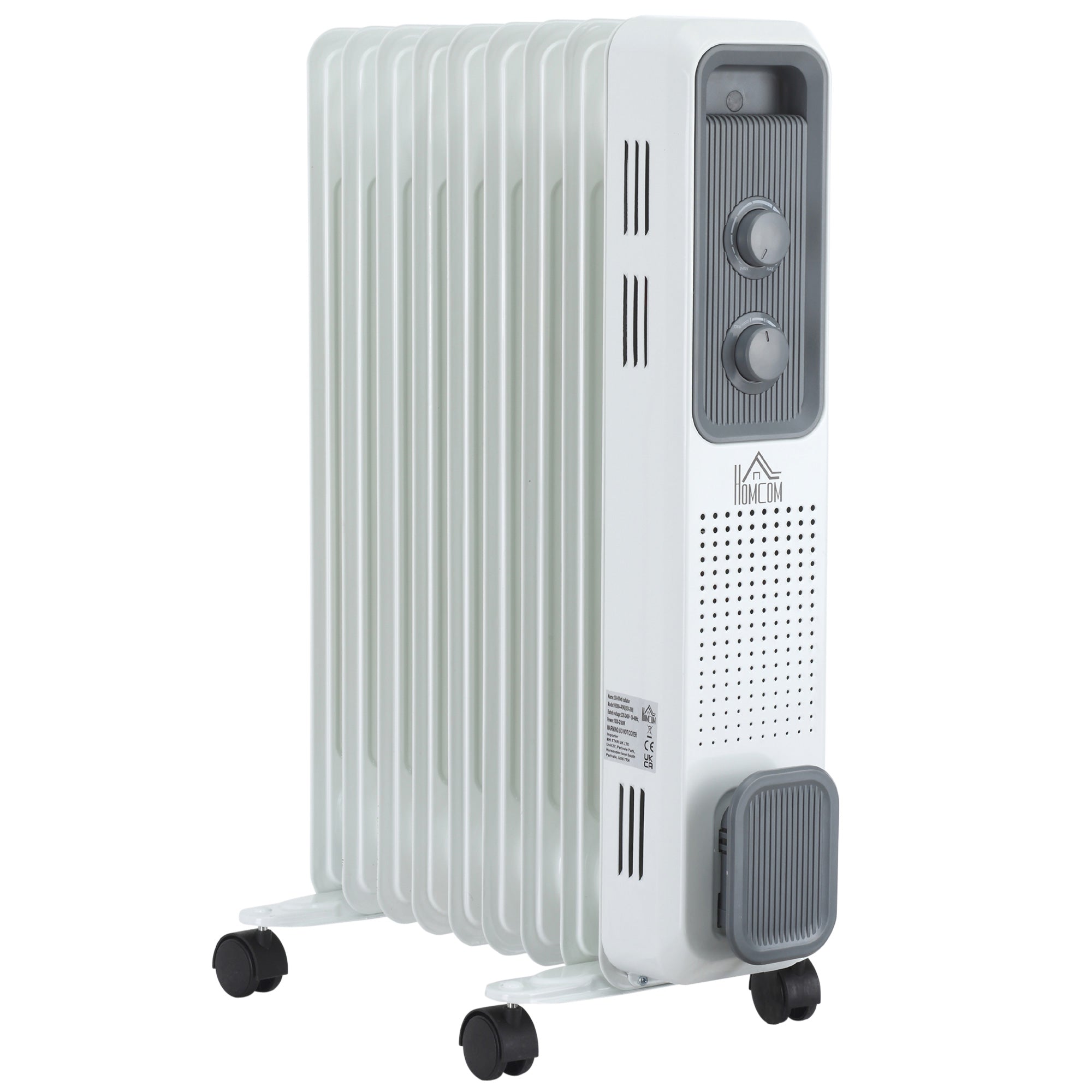 HOMCOM 2000W Oil Filled Radiator, 9 Fin, Portable Electric Heater with 3 Heat Settings, Safety Cut-Off and Wheels, White - North Peak Garden Furniture