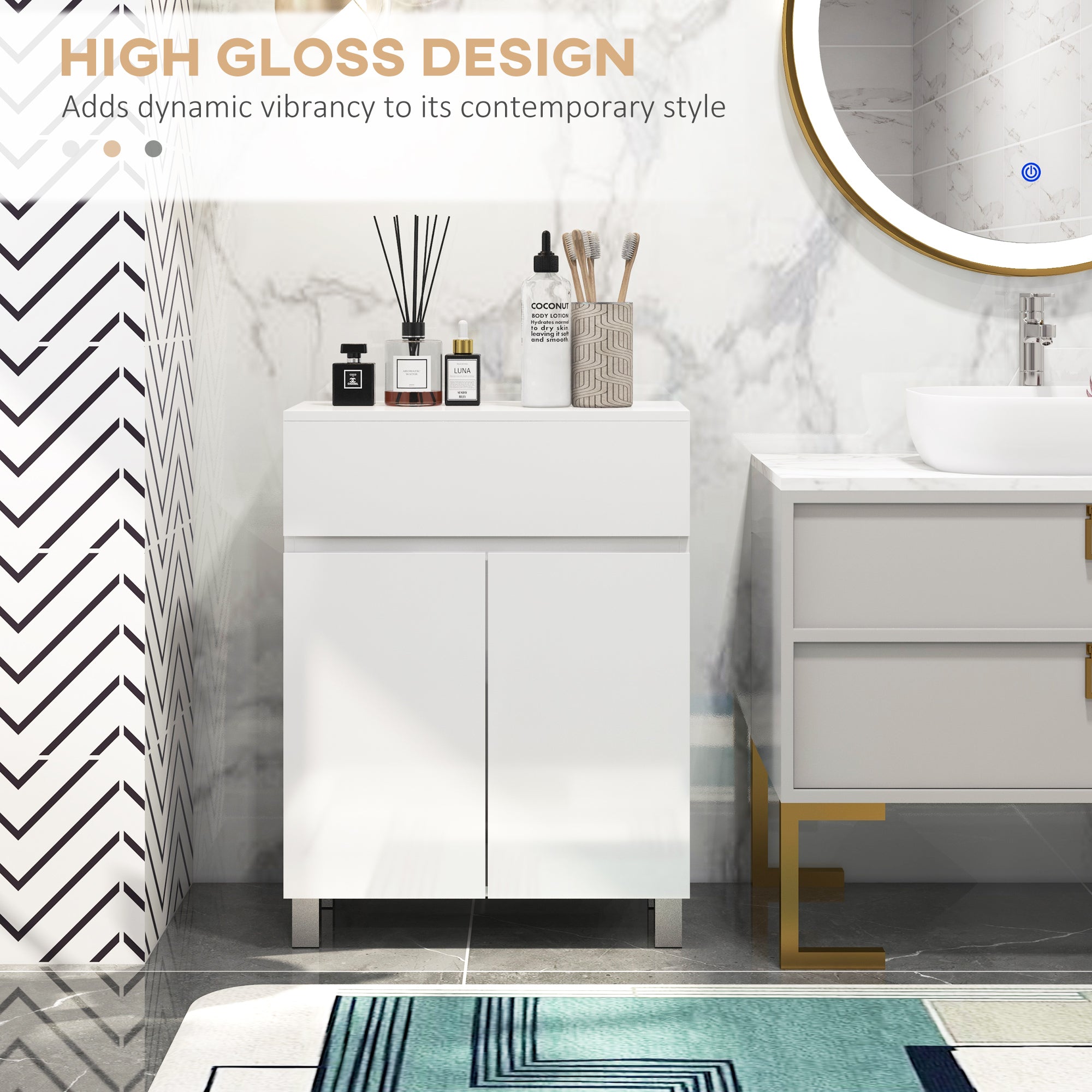 kleankin Freestanding Bathroom Cabinet, High Gloss Storage Cabinet with Doors and Adjustable Shelf, 60 x 30 x 80 cm, White - North Peak Garden Furniture