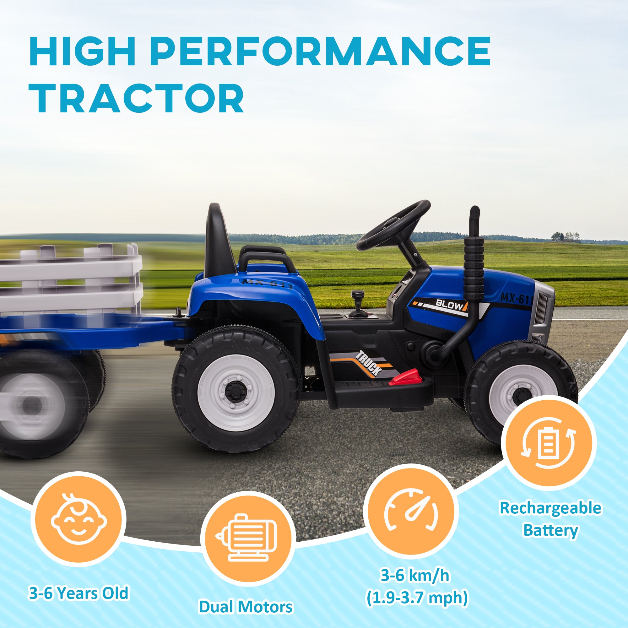HOMCOM Ride On Tractor, Battery Powered Electric Car, with Detachable Trailer, Remote Control, Music - Blue - North Peak Garden Furniture