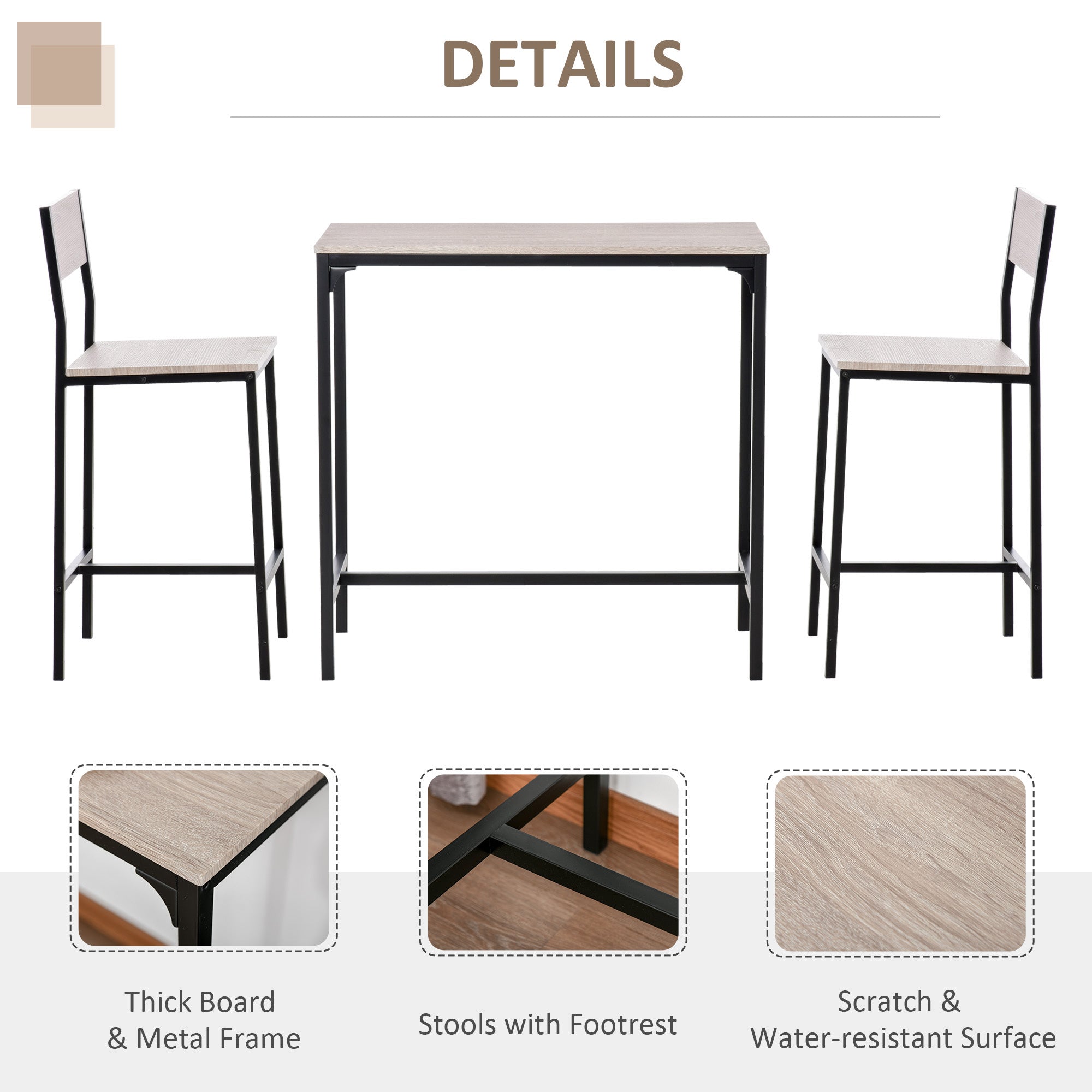 HOMCOM 3 Pcs Table Stool Set Industrial Design w/ Metal Frame Oak Tone MDF Panels Minimal Compact Beautiful - North Peak Garden Furniture