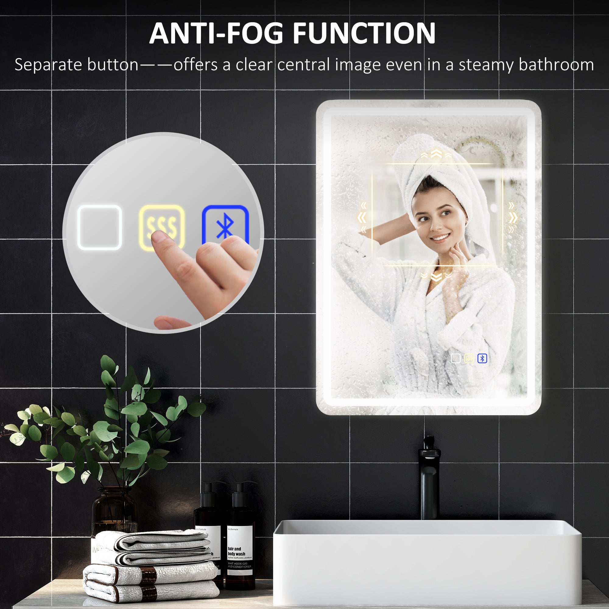 HOMCOM 50 x 70 cm Bluetooth LED Bathroom Mirror with Anti-Fog - Silver Tone