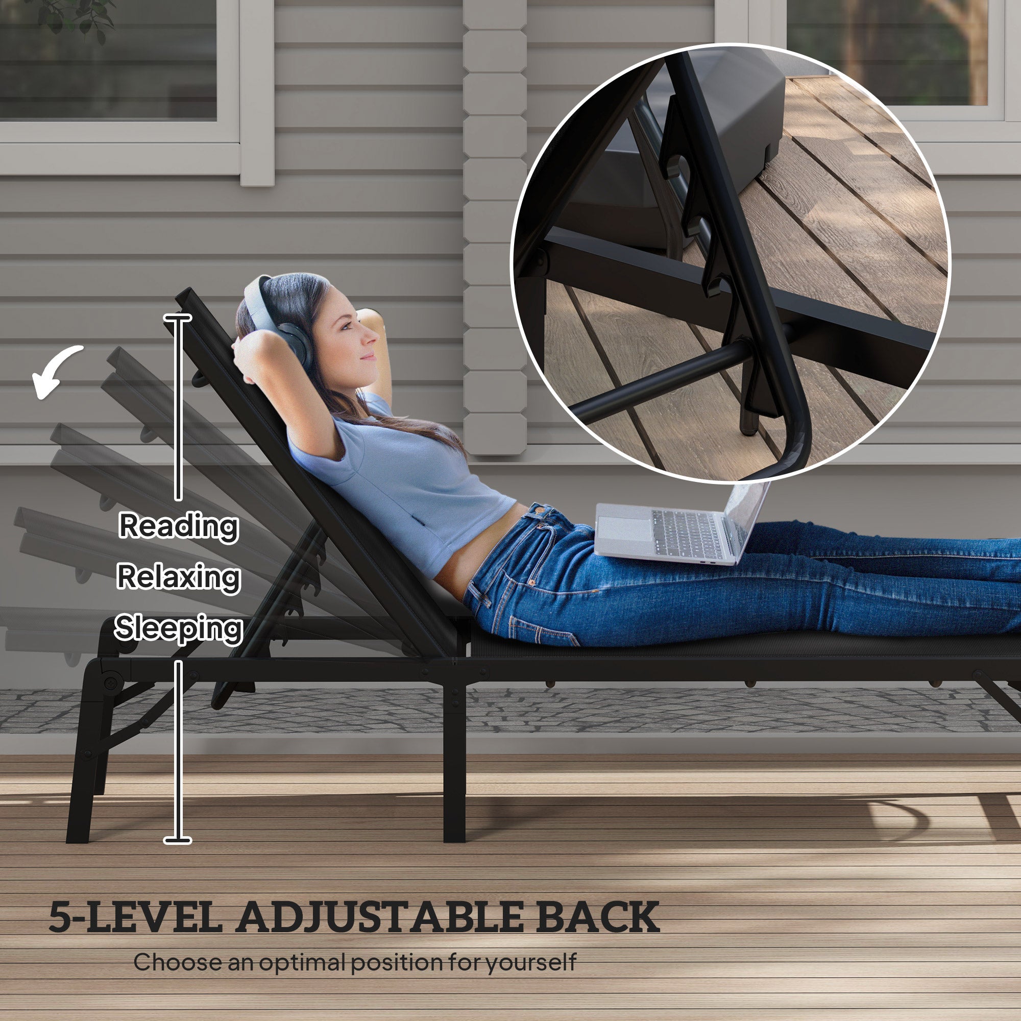 Outsunny Folding Sun Lounger, 5-Position Adjustable Garden Chaise Lounge Sunbed, Steel Frame Reclining Chair for Beach, Porch, Patio, Camping, Black - North Peak Garden Furniture