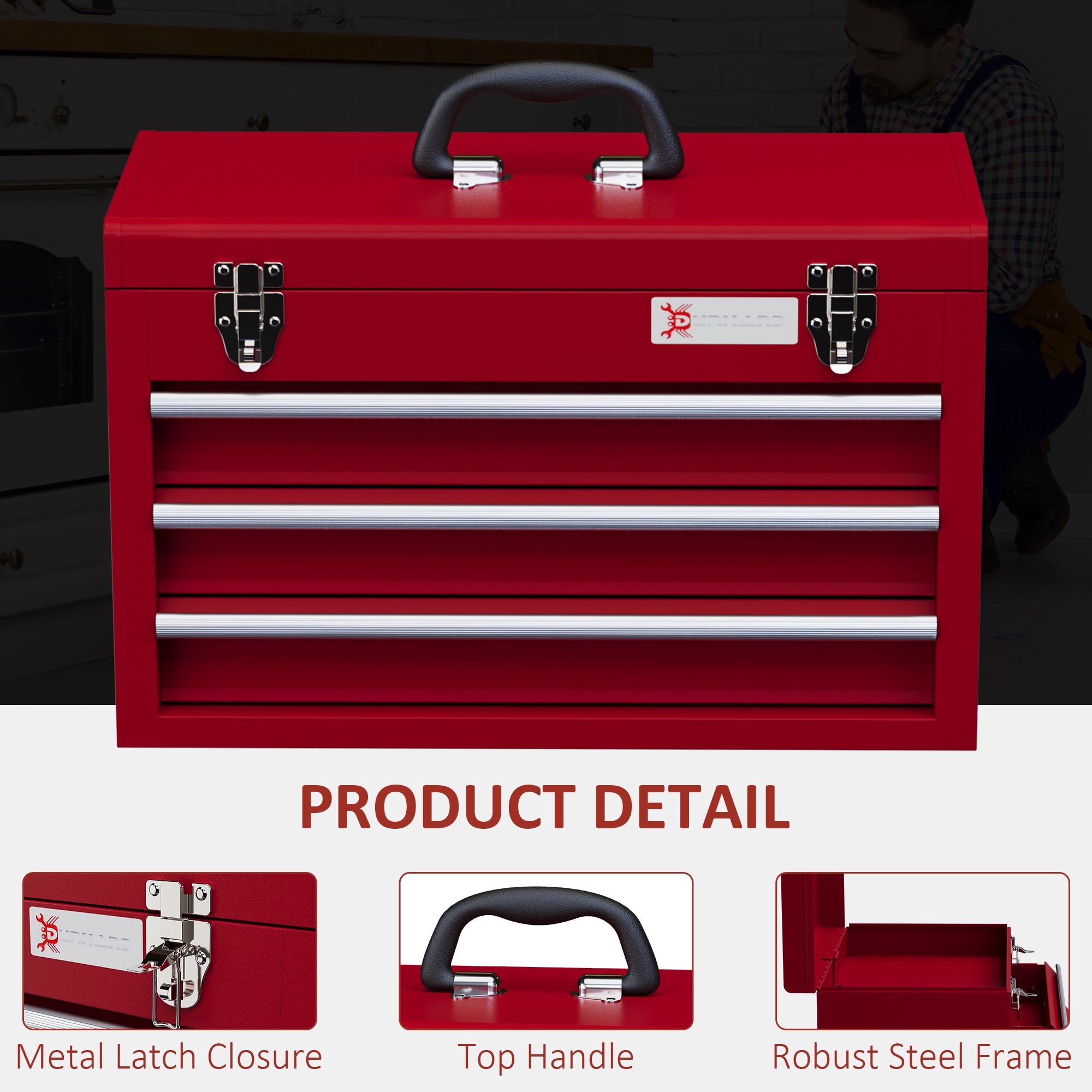 DURHAND Lockable Metal Tool Box, 3 Drawer Tool Chest with Latches, Handle, Ball Bearing Runners, Red - North Peak Garden Furniture