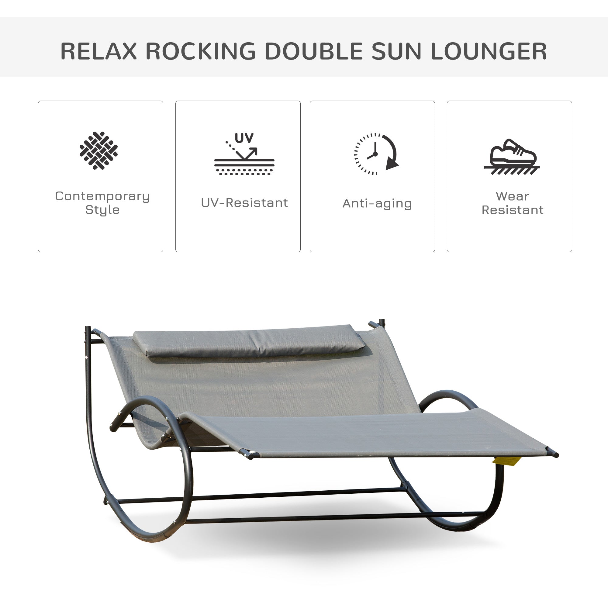 Outsunny Double Sun Lounger, Rocking Lounger Sunbed Daybed with Armrest and Headrest Pillow, for Two, For Outdoor Patio Garden, Grey - North Peak Garden Furniture