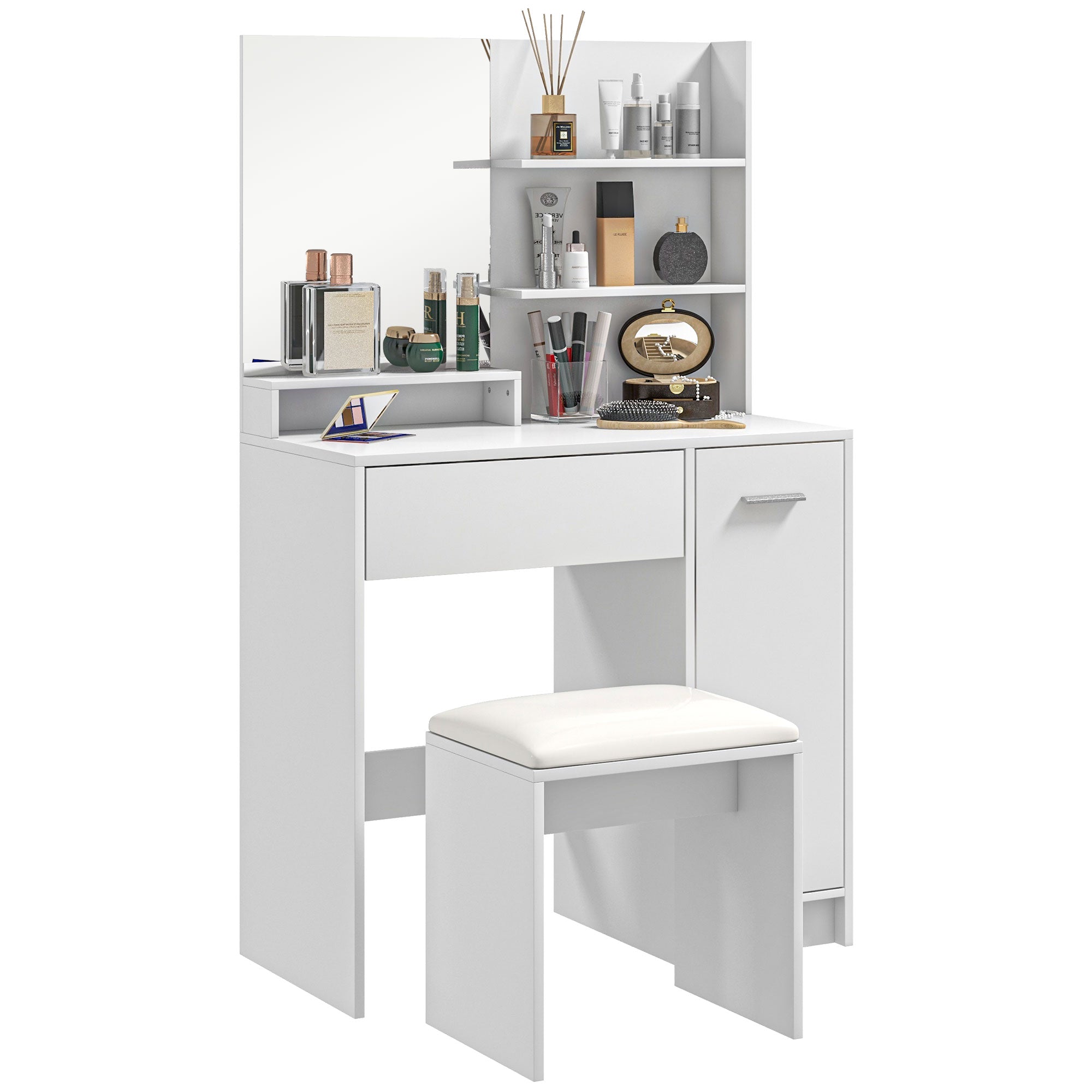 HOMCOM Dressing Table with Mirror and Stool, Vanity Table, Modern Makeup Desk with Drawer, Storage Cabinet and Adjustable Shelf for Bedroom, White - North Peak Garden Furniture