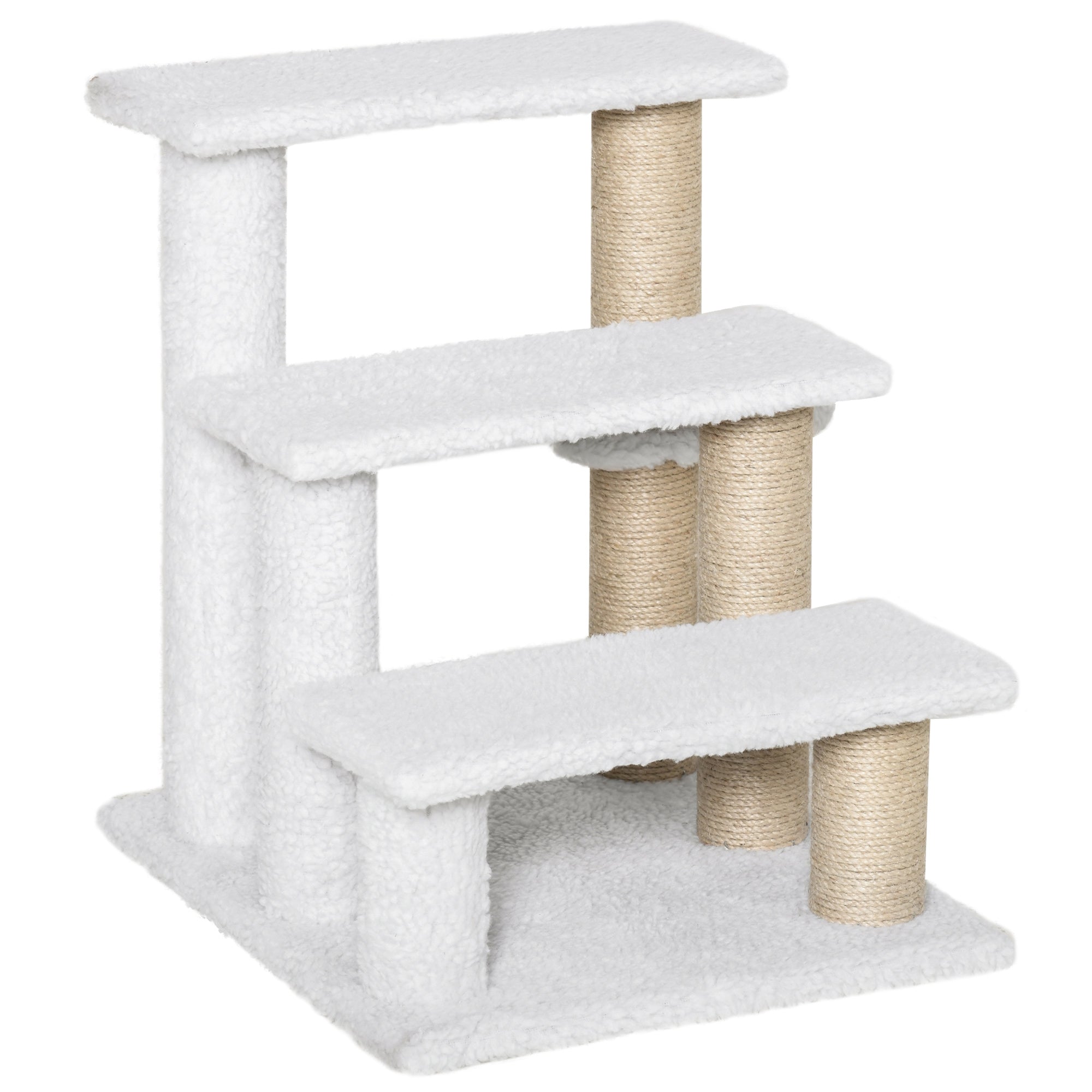 PawHut Pet Stair with 3-step Climb Ladder, Scratching Posts, Platforms, Toy Ball, for Indoor Elderly Cats Kittens, White