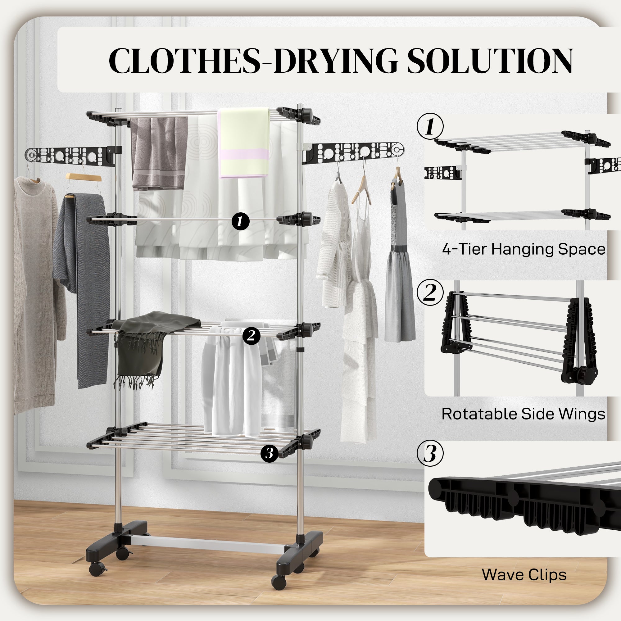 HOMCOM Four-Shelf Collapsing Clothes Horse, With Side Arms and Wheels - Black - North Peak Garden Furniture
