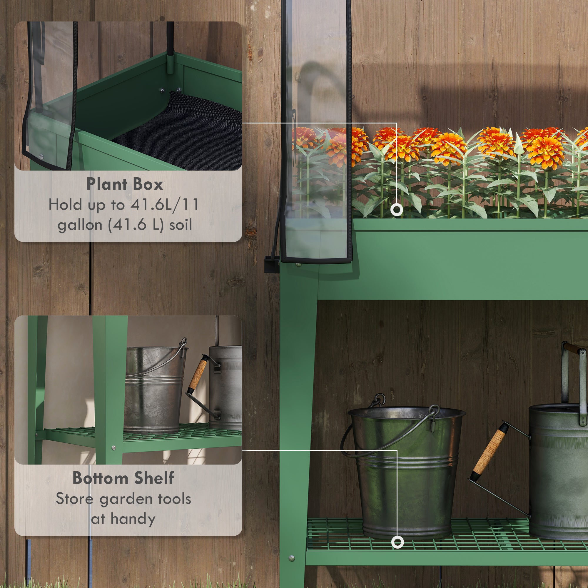 Outsunny Raised Planter with Greenhouse Cover, Mobile Elevated Garden Bed with Wheels and Bottom Shelf for Vegetables, Green - North Peak Garden Furniture
