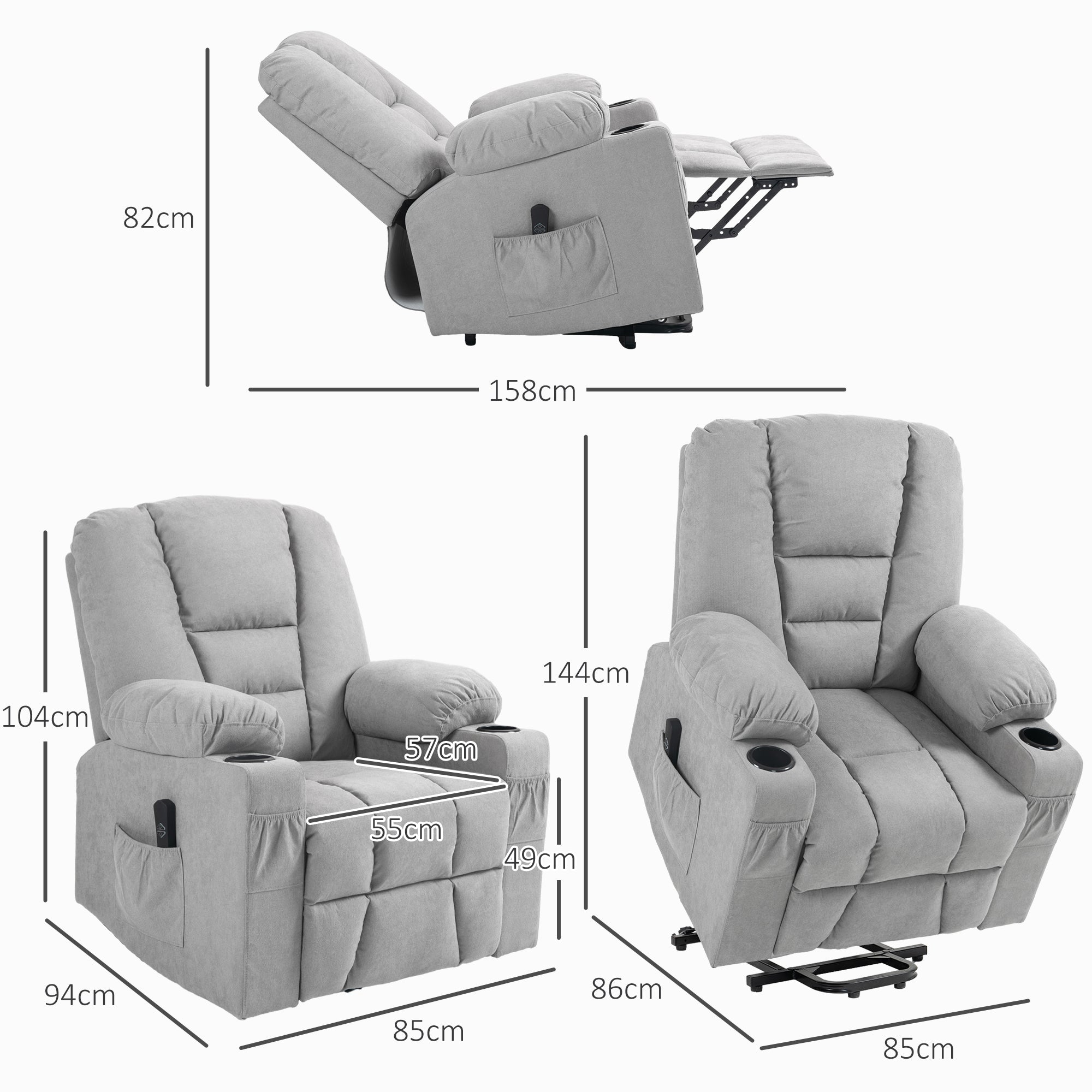 HOMCOM Oversized Riser and Recliner Chairs for the Elderly, Fabric Upholstered Lift Chair for Living Room with Remote Control, Side Pockets, Cup Holder, Light Grey