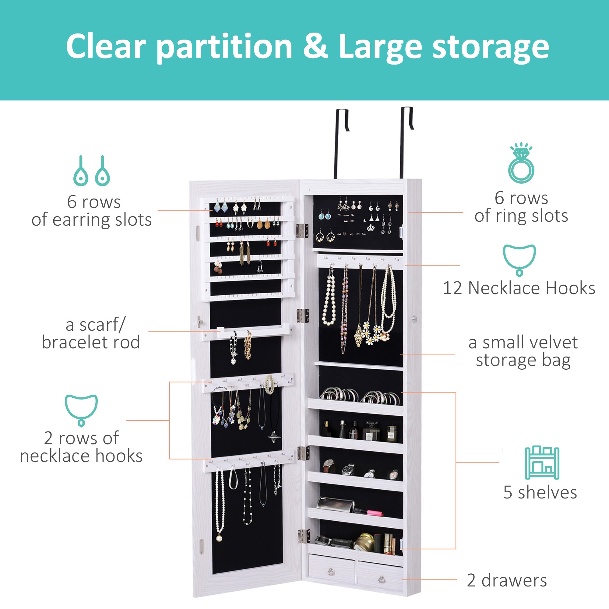 HOMCOM Jewelry Cabinet with Mirror and LED Lights, Lockable Makeup Cosmetics Jewellery Organiser, Mirror with Storage for Bedroom Dressing Room, White - North Peak Garden Furniture