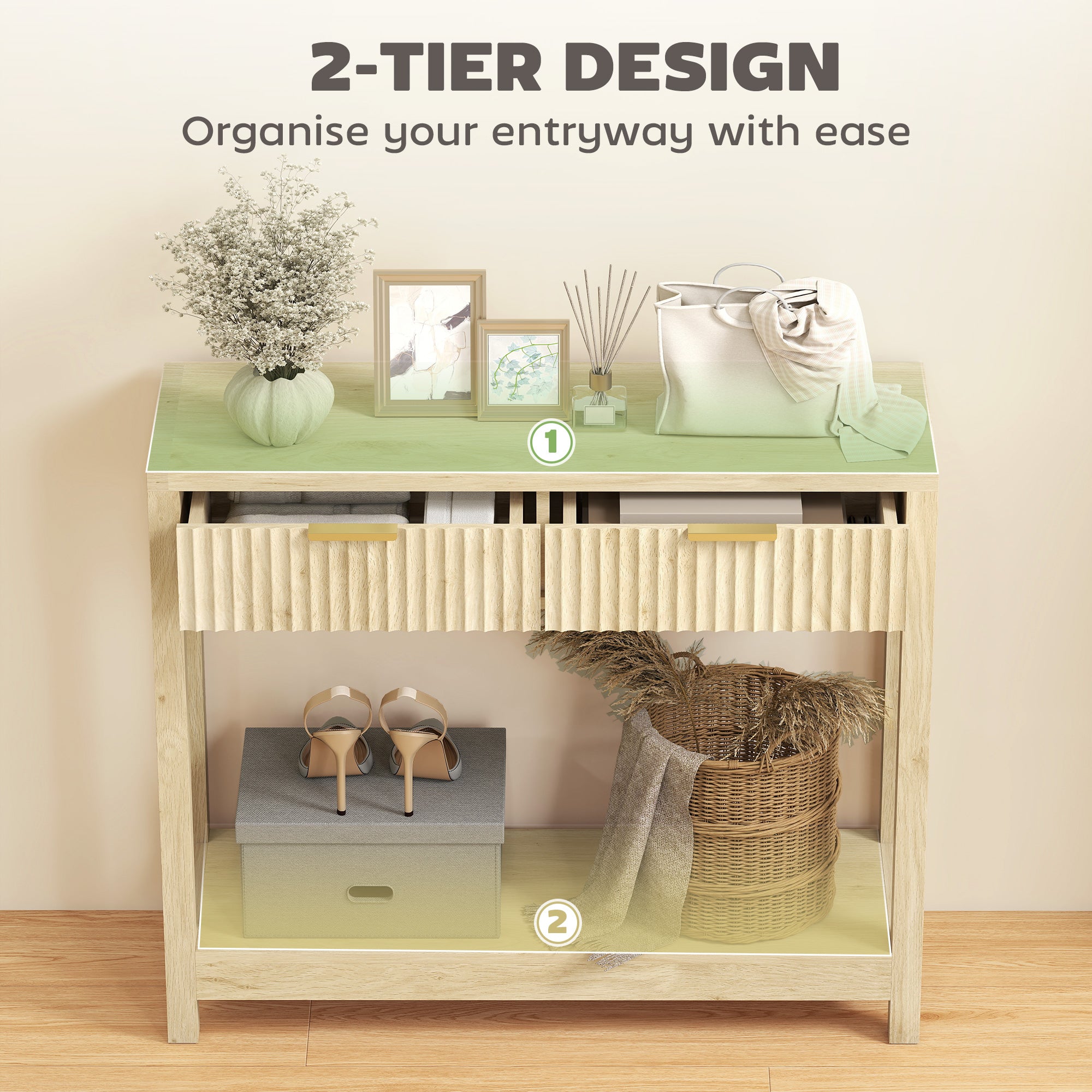 HOMCOM Modern Console Table with Fluted Panel Drawers, Narrow Hallway Table with Shelf for Entryway, Living Room, 90 x 30 x 76 cm, Natural Wood Finish