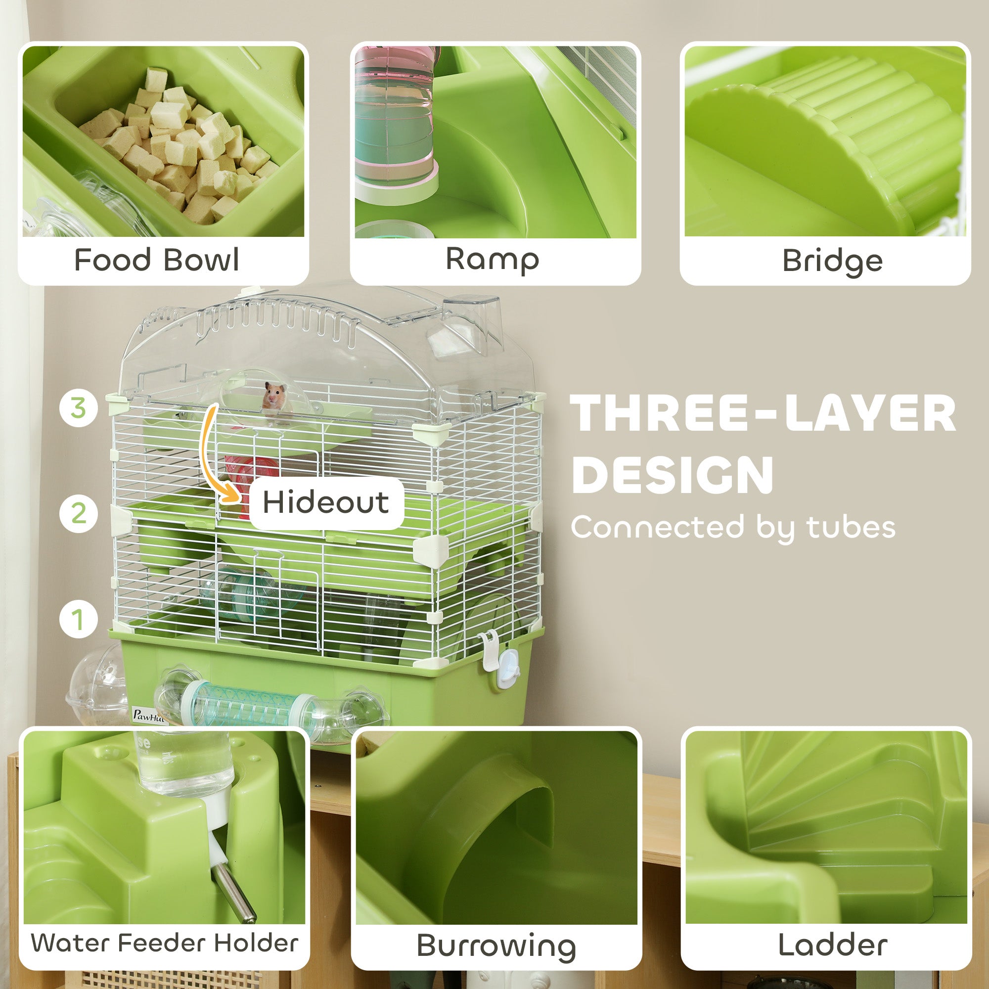 PawHut 3-Tier Hamster Cage with Transparent Top, Sand Bathroom, Exercise Wheel, Hideout Room, Tubes, 45 x 28 x 60 cm, Green - North Peak Garden Furniture